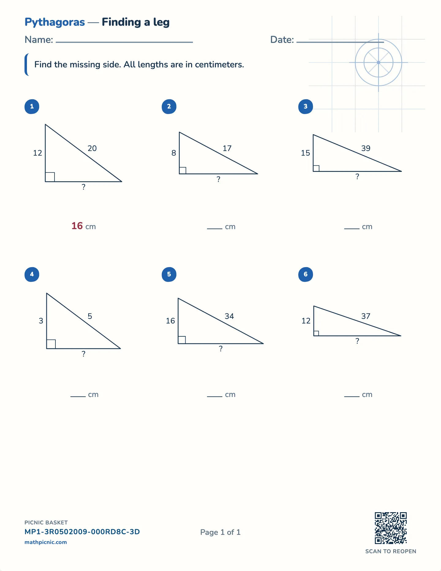 Pythagorean theorem: find a leg worksheet — Pythagorean triples, sides to 70 cm, free printable with answer key