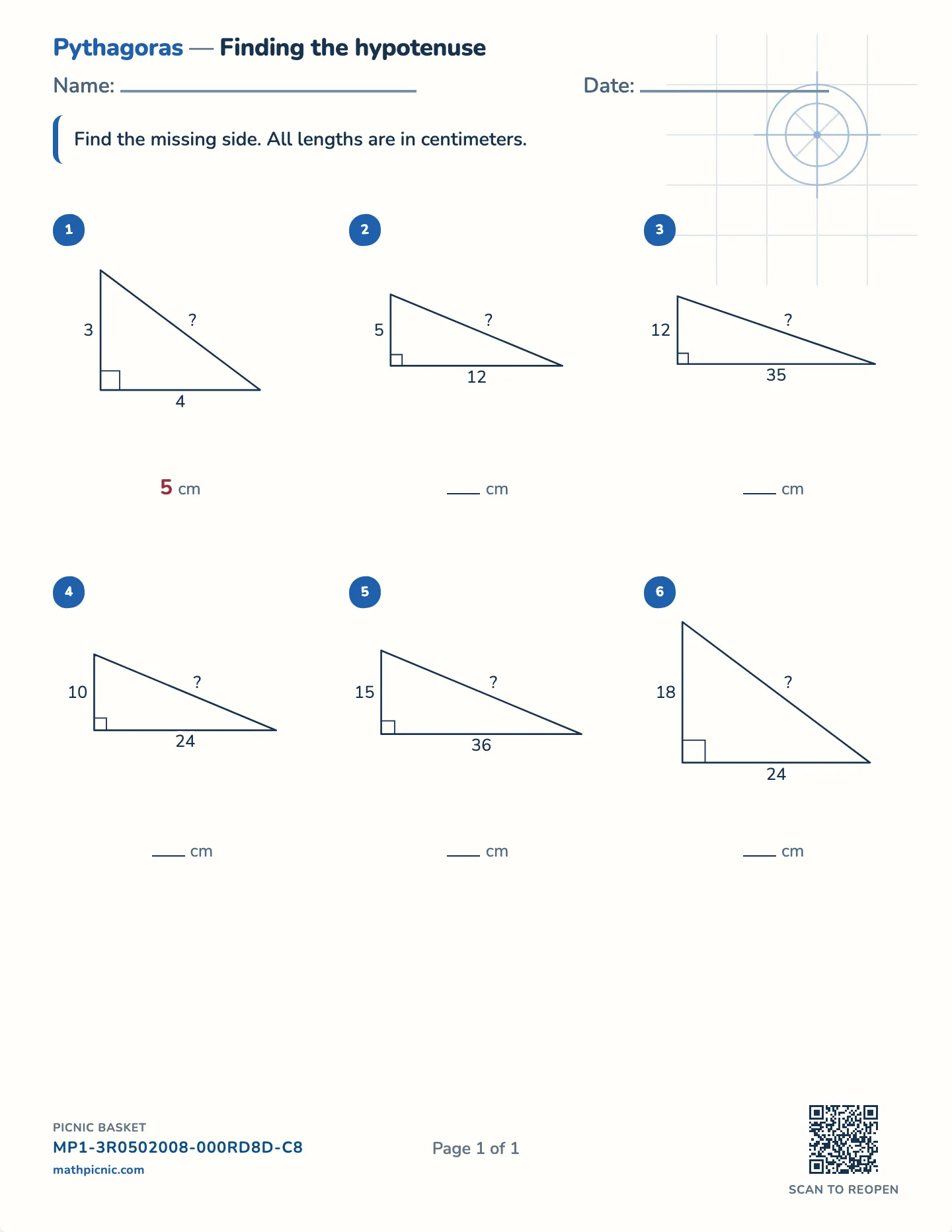 Pythagorean theorem: find the hypotenuse worksheet — Pythagorean triples, sides to 70 cm, free printable with answer key