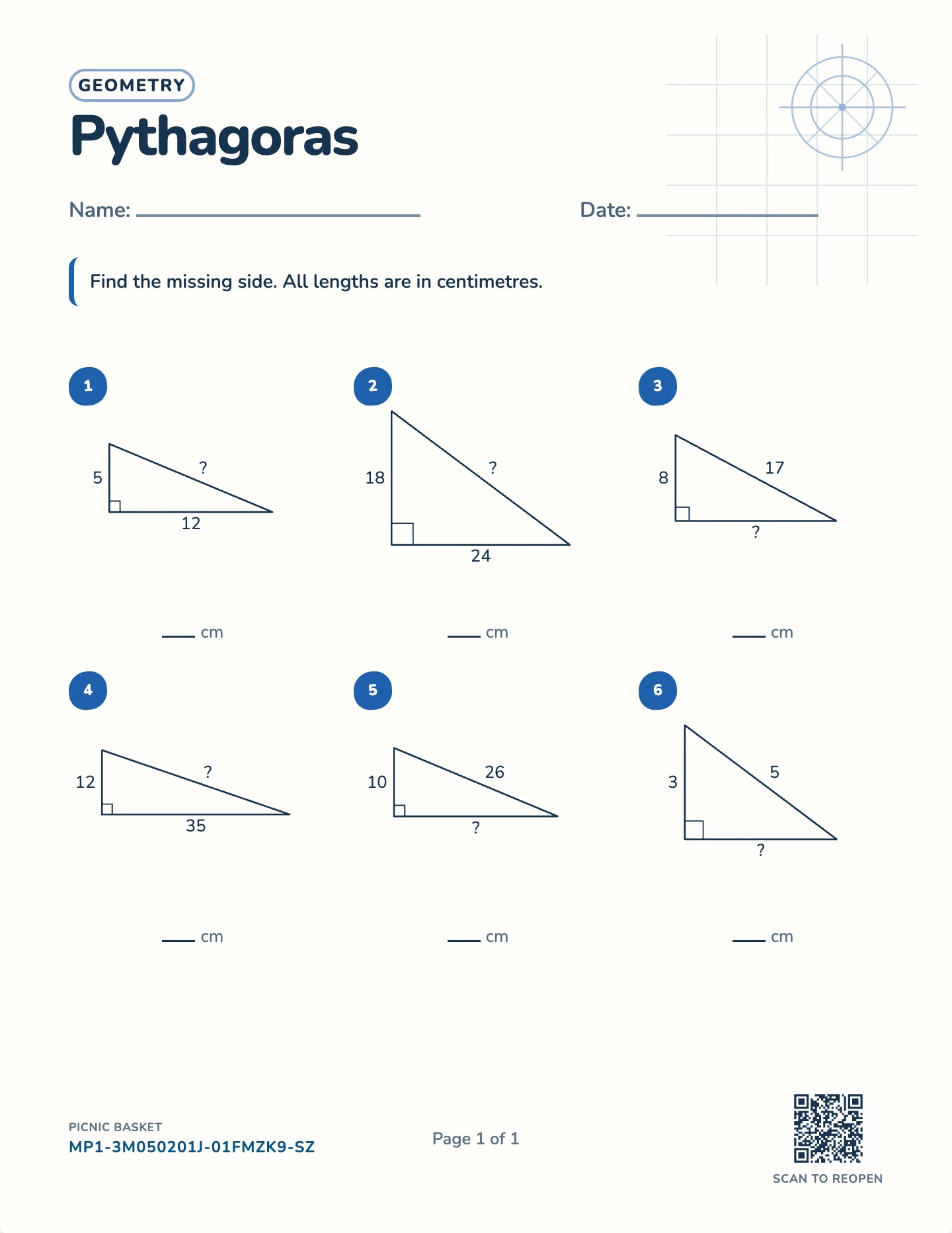 Pythagorean theorem worksheet — Sides to 70 cm, free printable with answer key