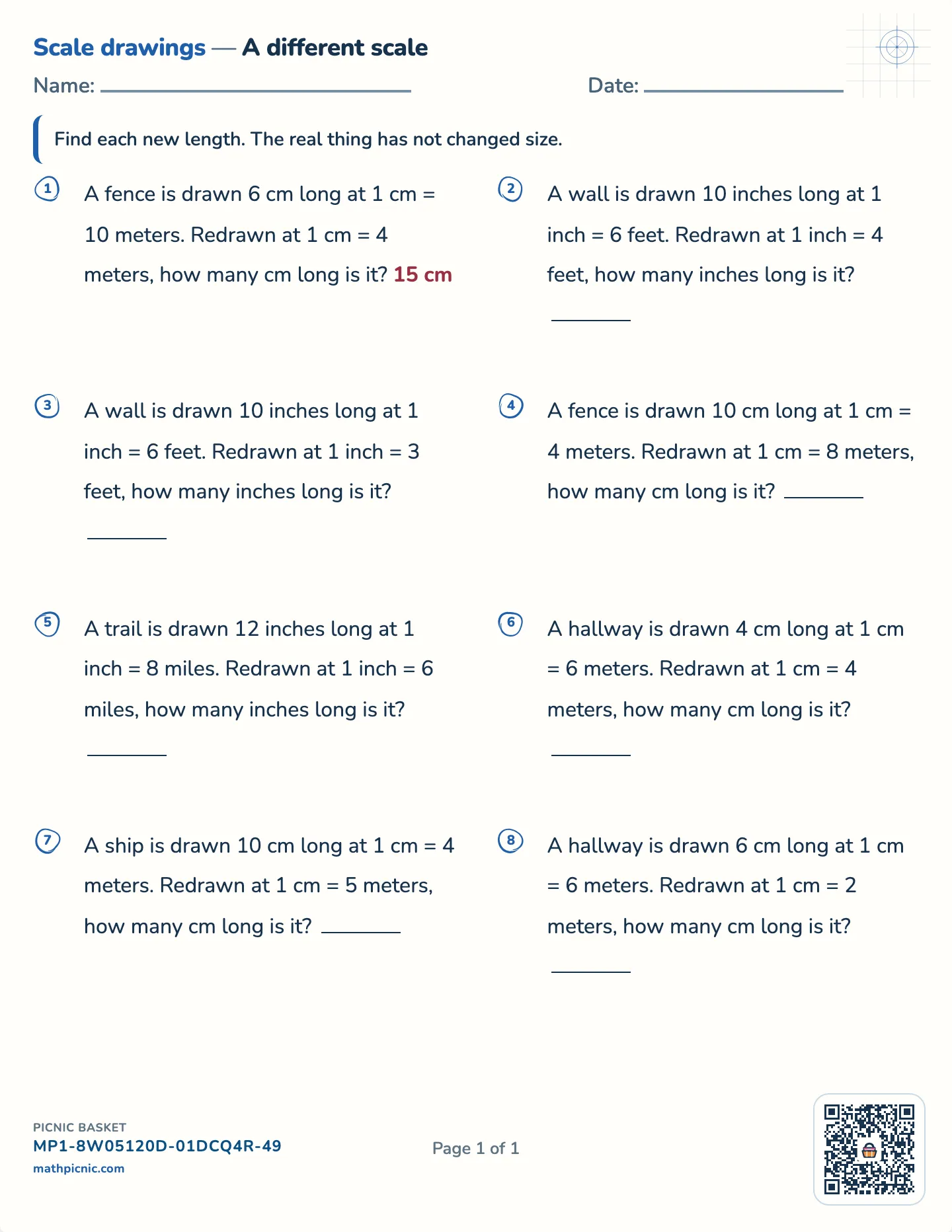 Redraw at a new scale worksheet — Through the real length, free printable with answer key