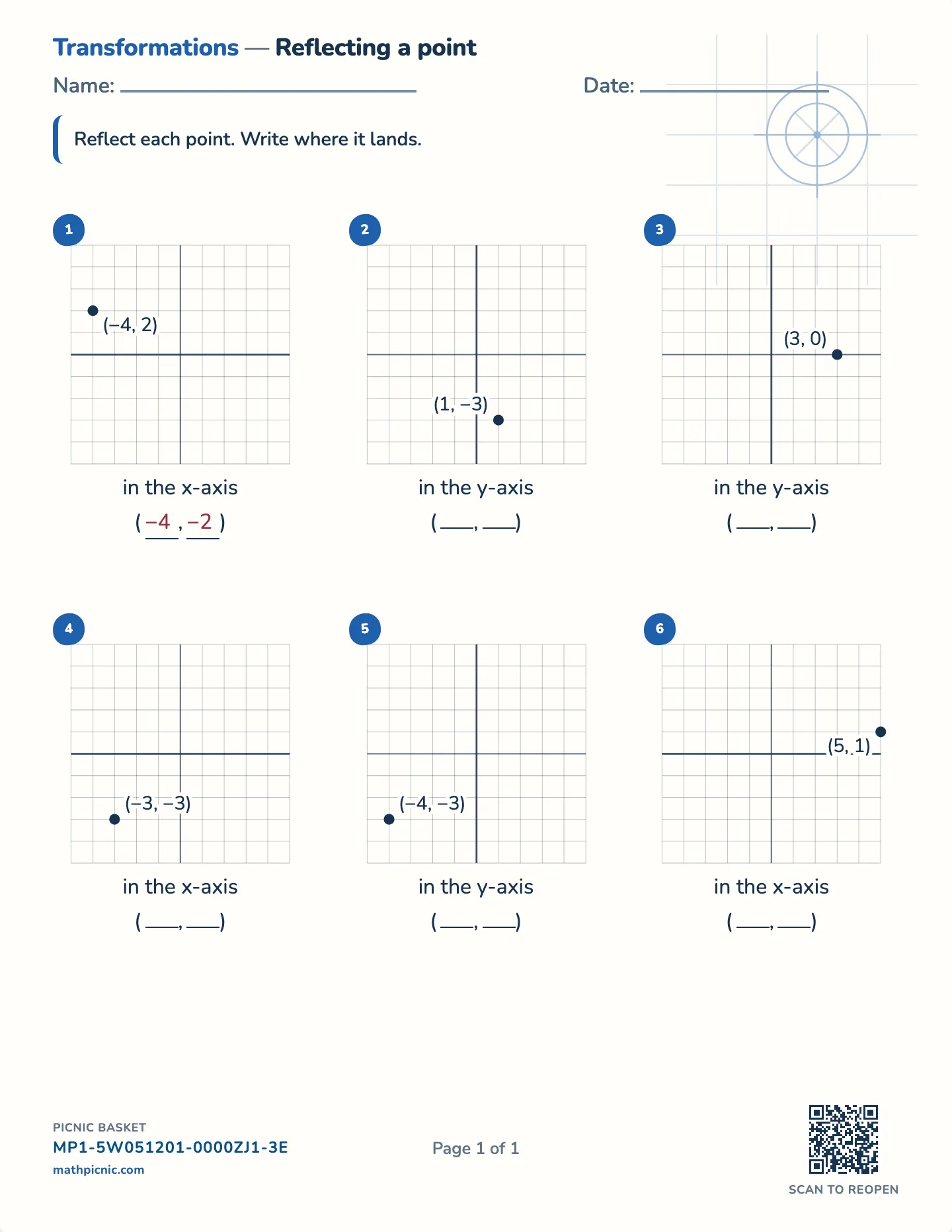 Reflections worksheet — In the x-axis or y-axis, free printable with answer key