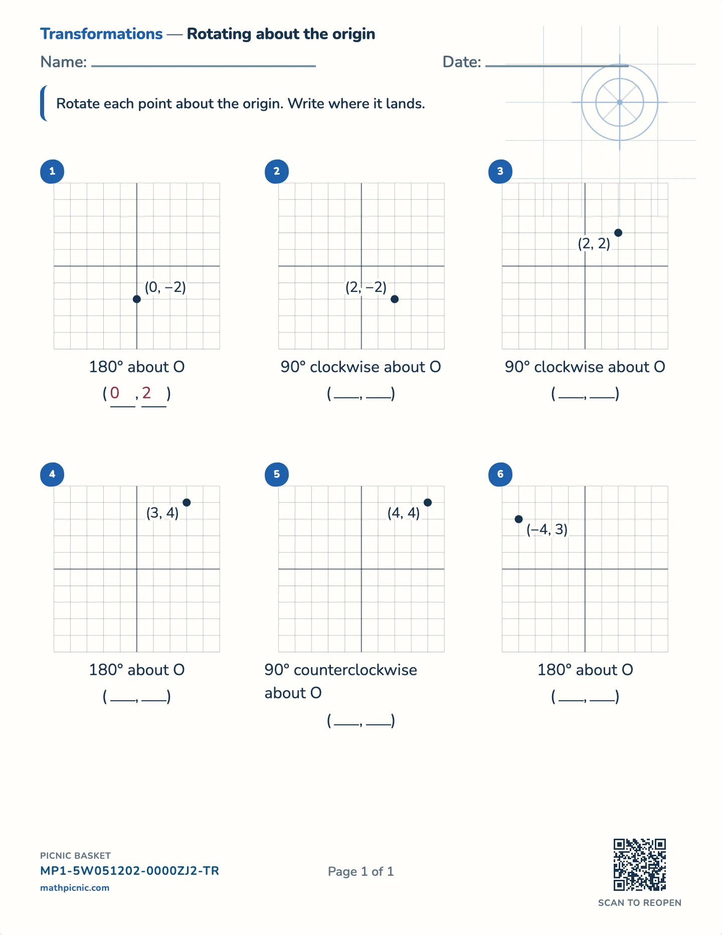 Rotations worksheet — Quarter and half turns, free printable with answer key