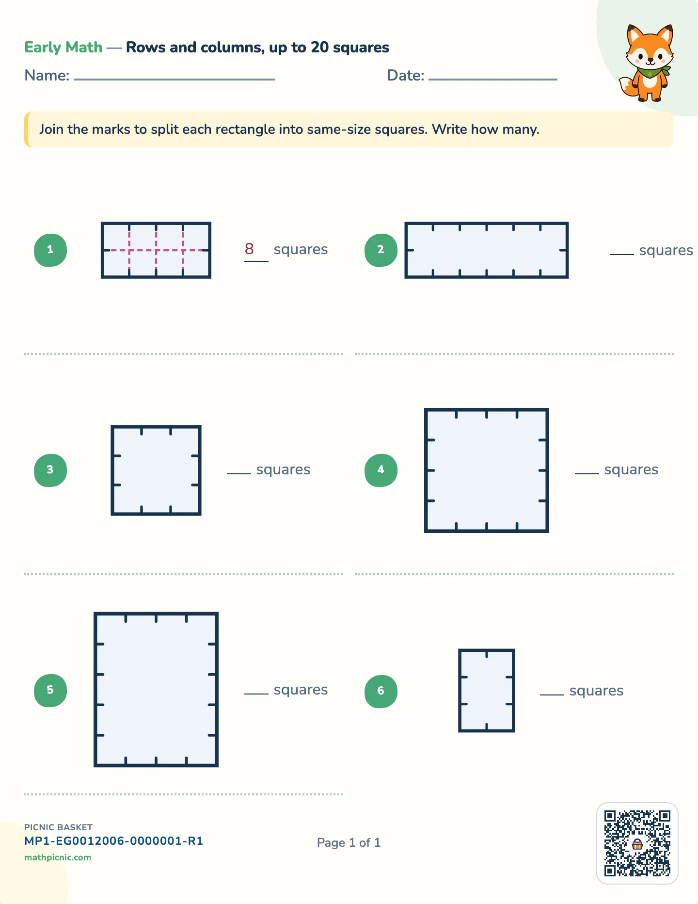 Rows and columns of squares worksheet — Split into equal squares, free printable with answer key