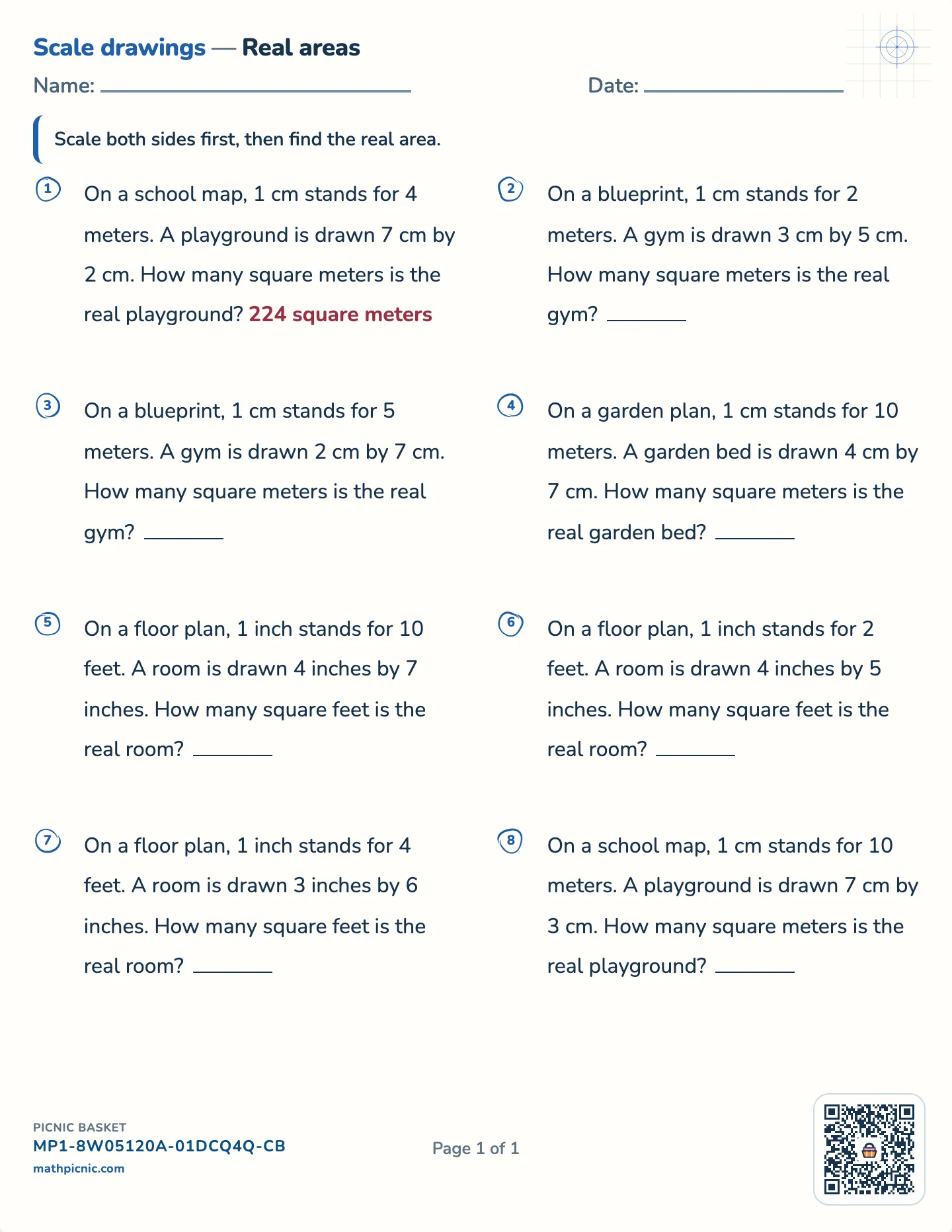 Real areas from a scale worksheet — Rectangles, both sides given, free printable with answer key
