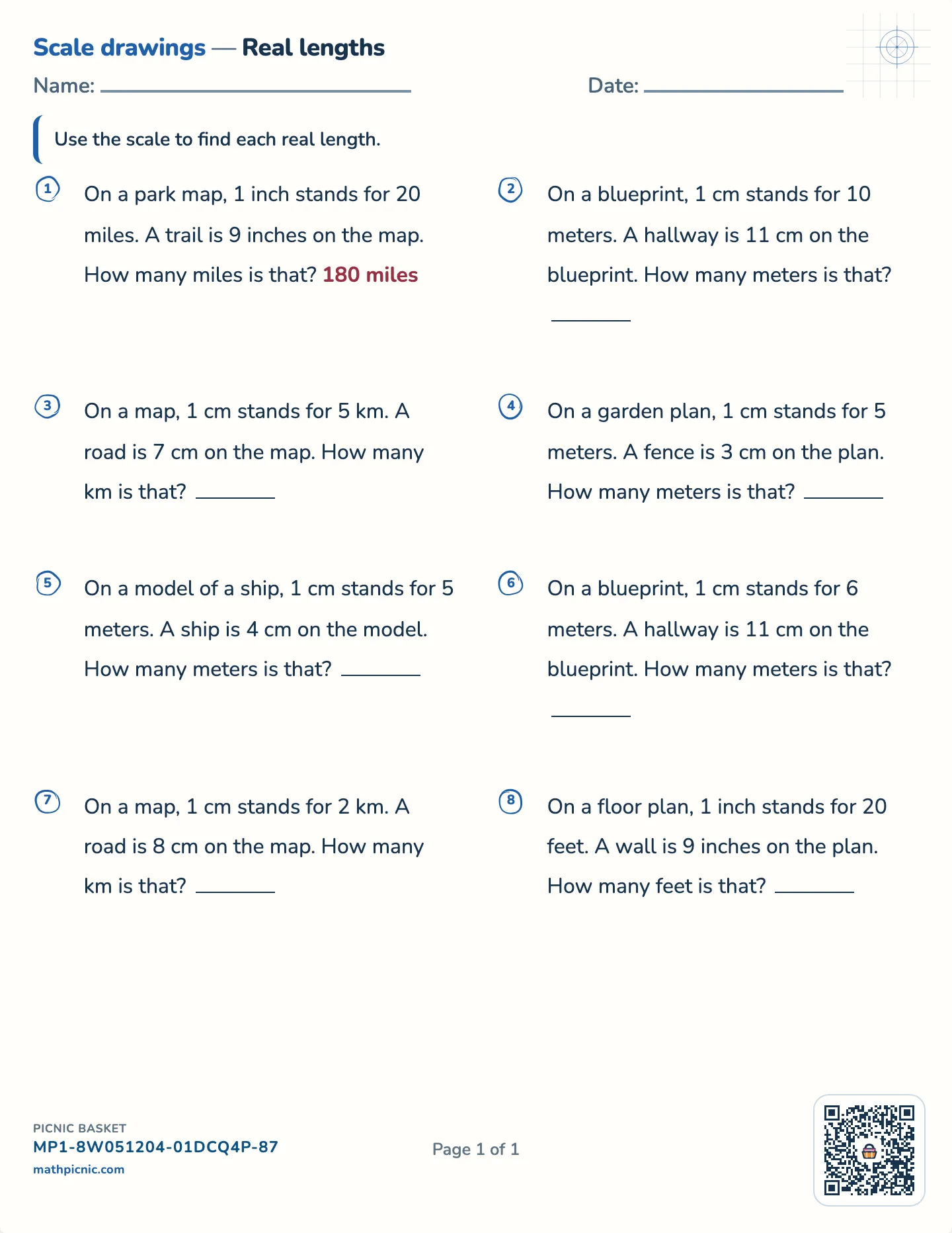 Real lengths from a scale worksheet — Maps, plans and models, free printable with answer key