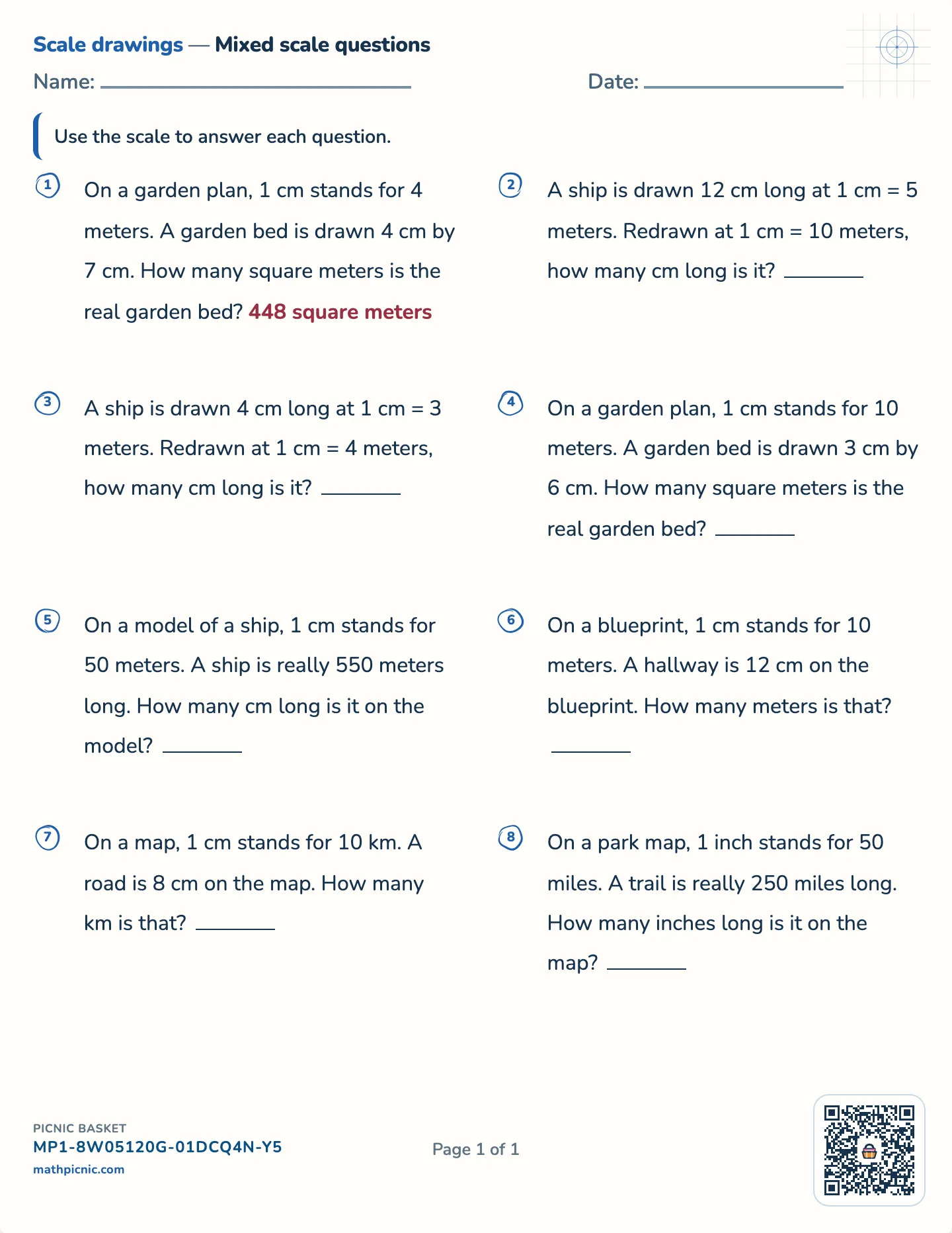 Scale drawings worksheet — Lengths, areas and new scales, free printable with answer key