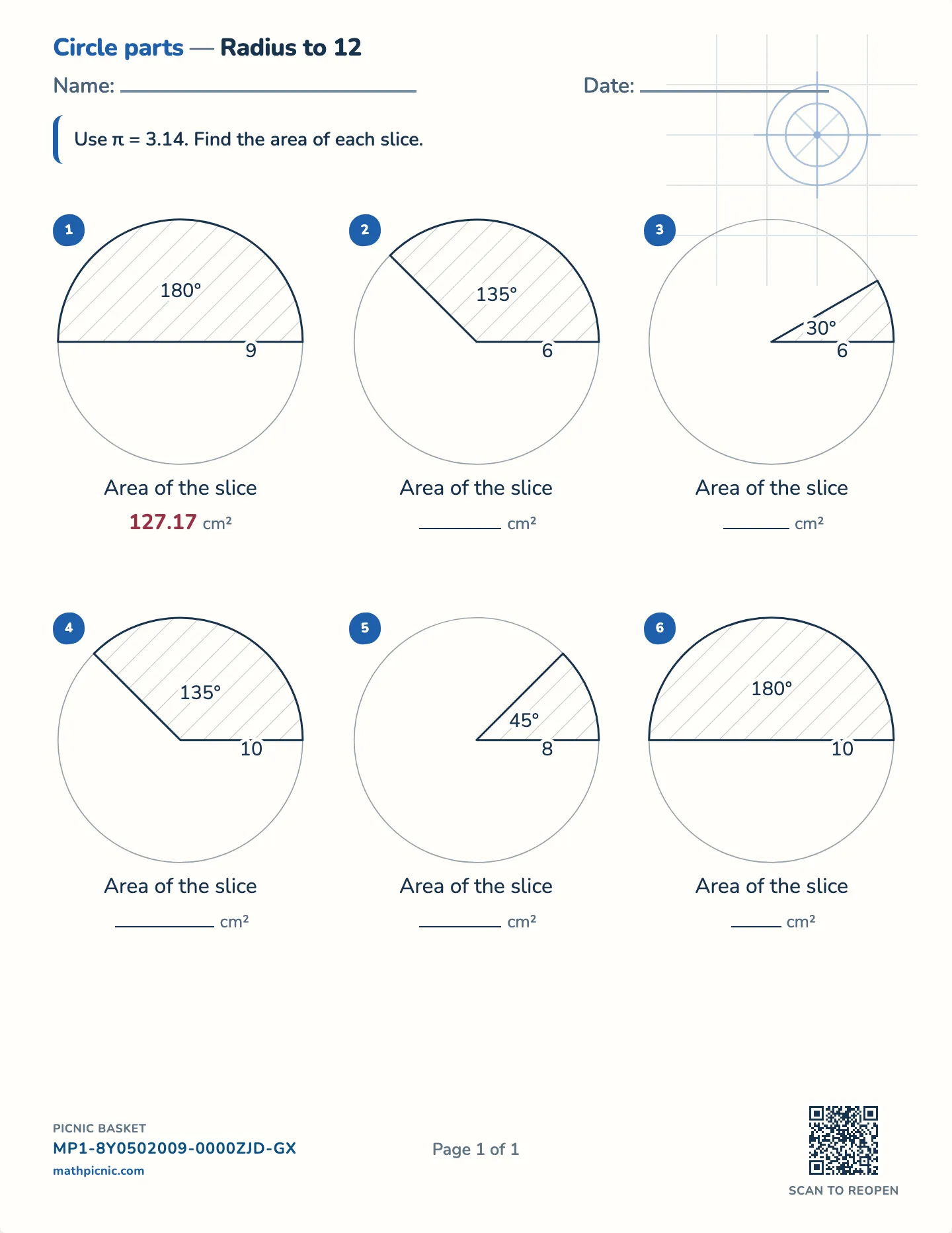 Sector area worksheet — Slice area only, π = 3.14, free printable with answer key