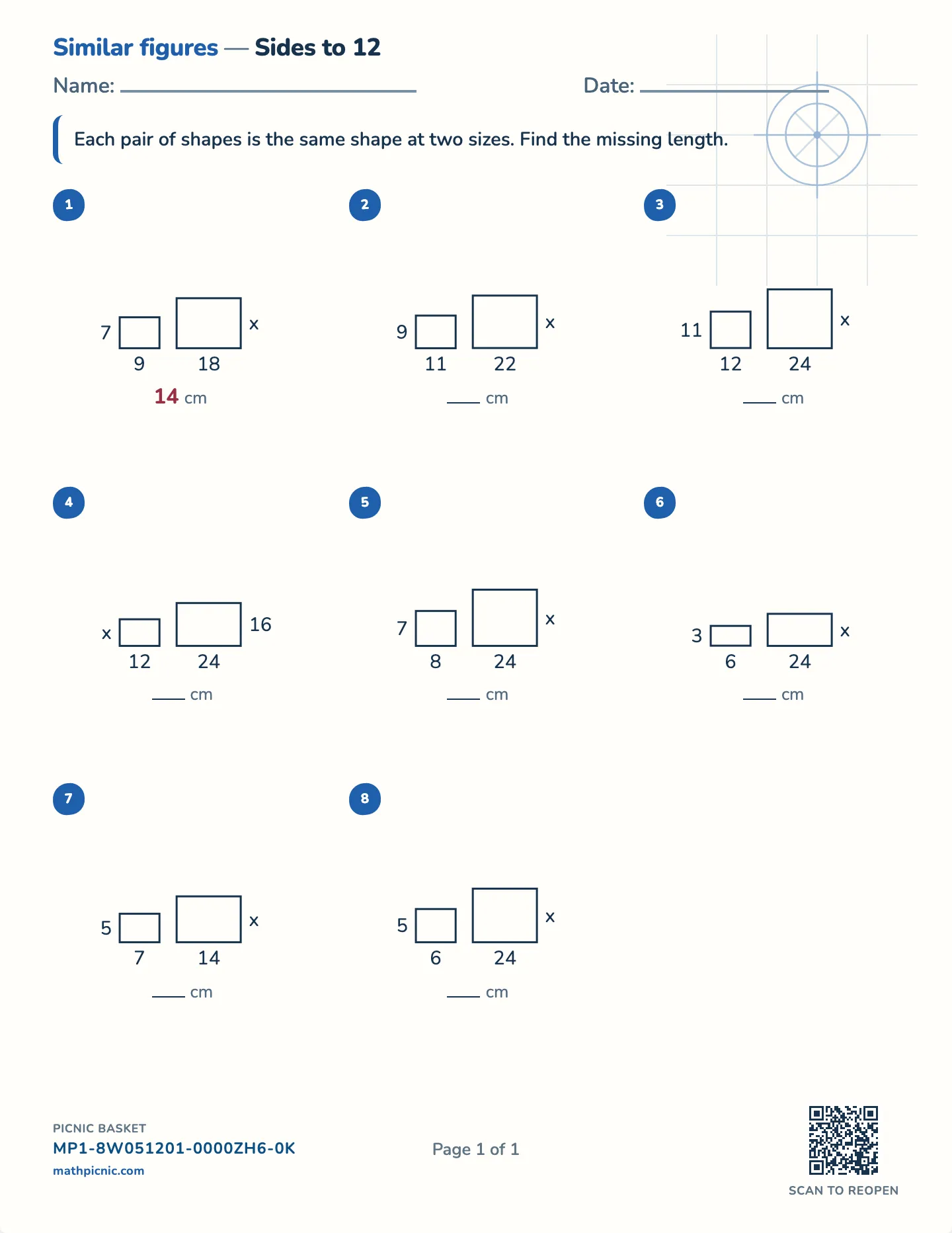 Similar figures worksheet — Whole-number scale factors, free printable with answer key