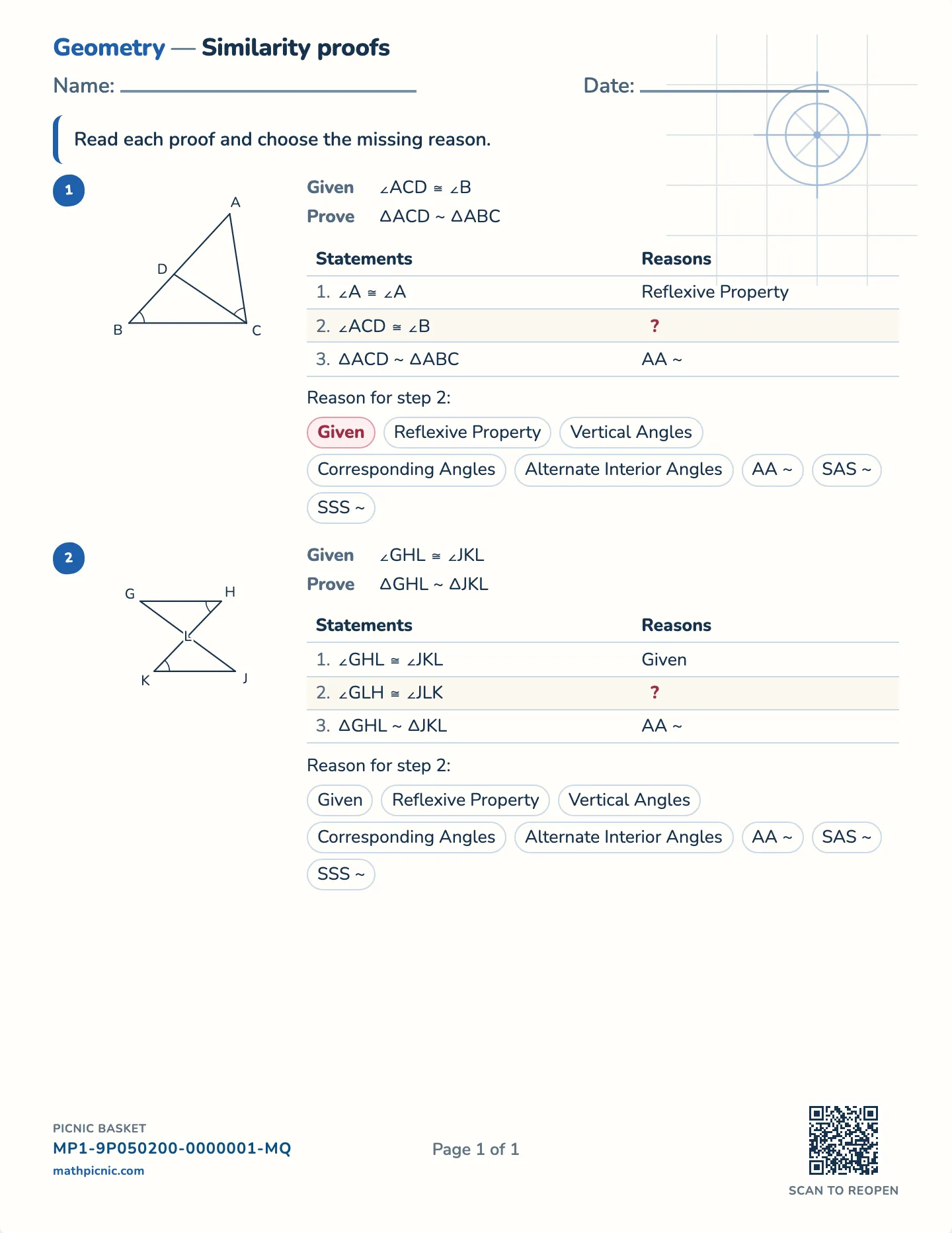 Similar triangle proofs worksheet — AA, SAS~, SSS~ proofs, free printable with answer key