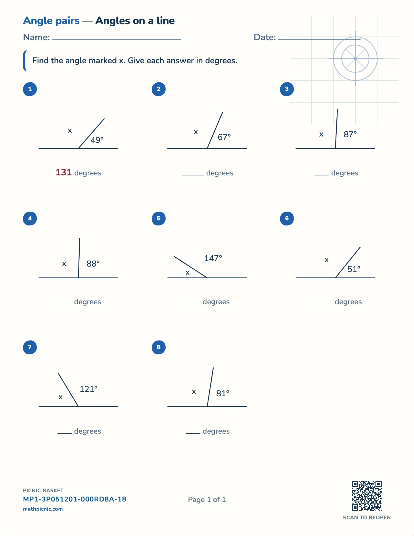 Supplementary angles worksheet — Angles to 180 degrees, free printable with answer key