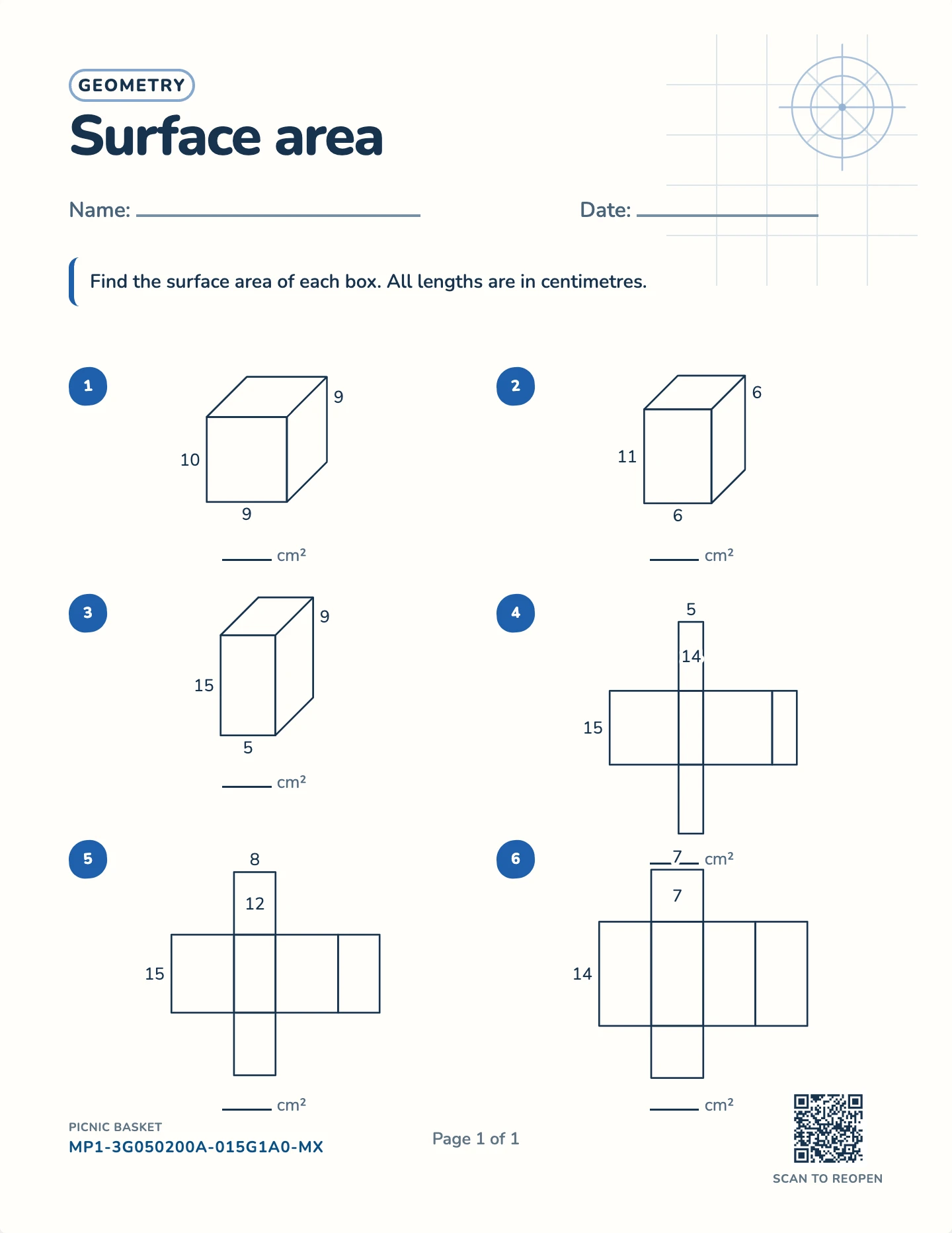 Surface area and nets worksheet — Edges to 20 cm, free printable with answer key