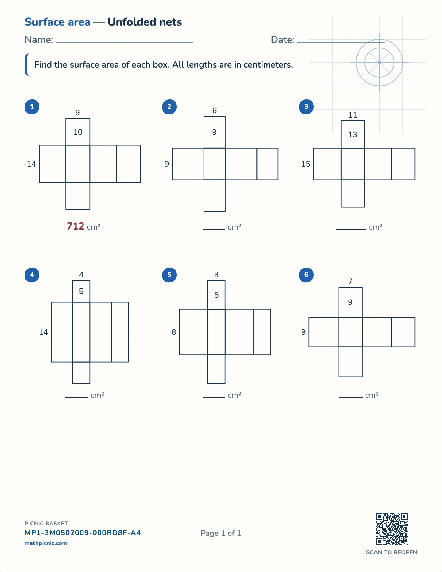 Surface area from a net worksheet — Edges to 20 cm, free printable with answer key