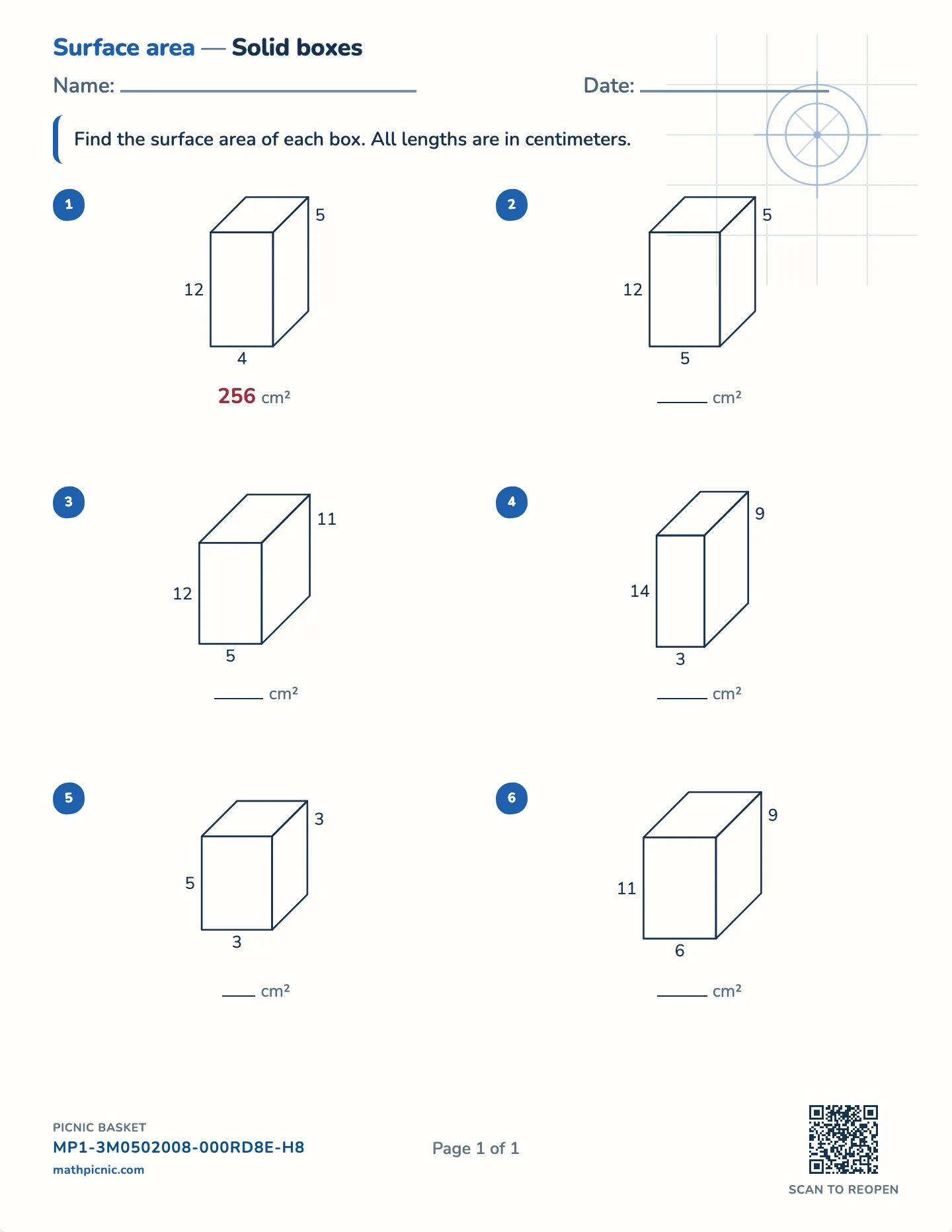 Surface area of a rectangular prism worksheet — Edges to 20 cm, free printable with answer key