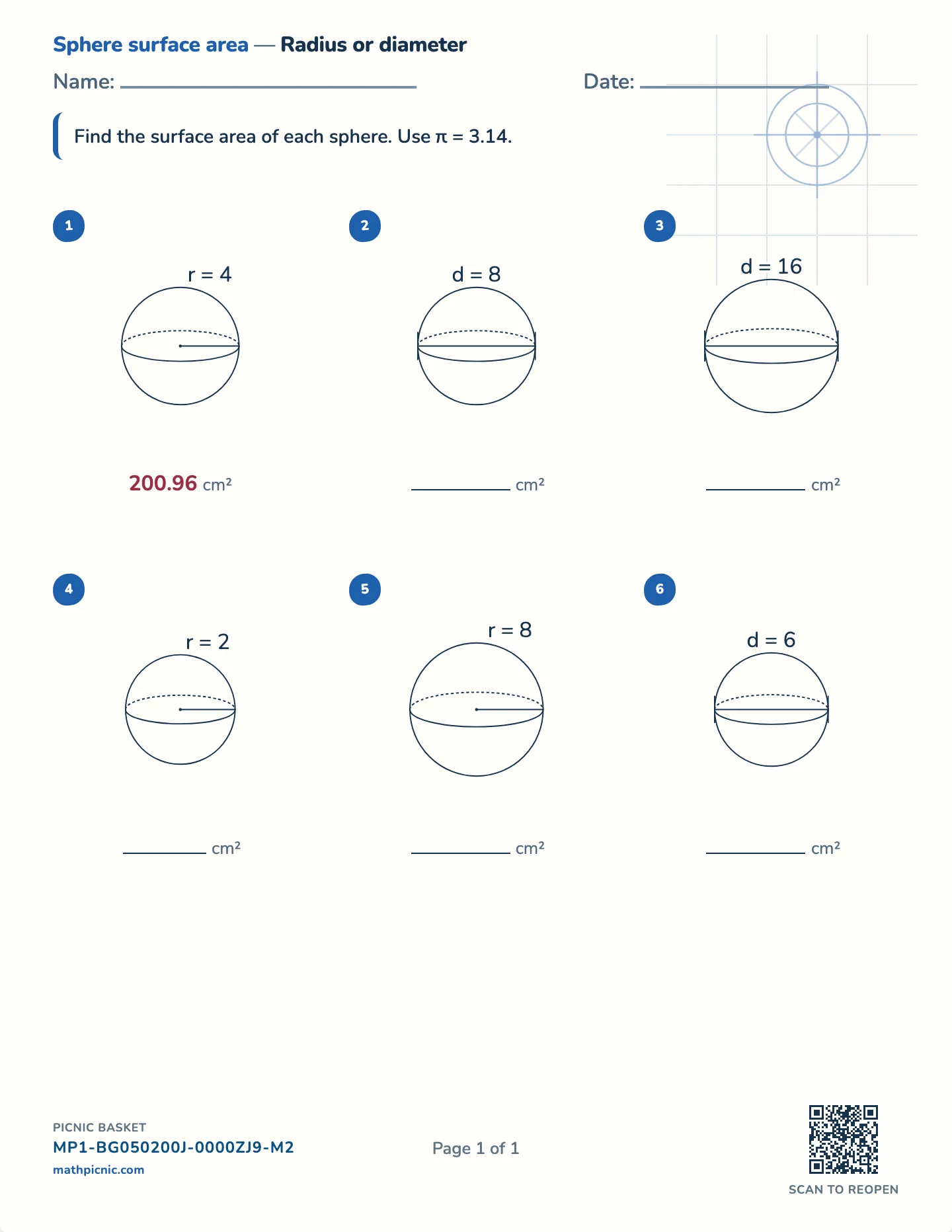 Surface area of a sphere worksheet — Radius or diameter, π = 3.14, free printable with answer key