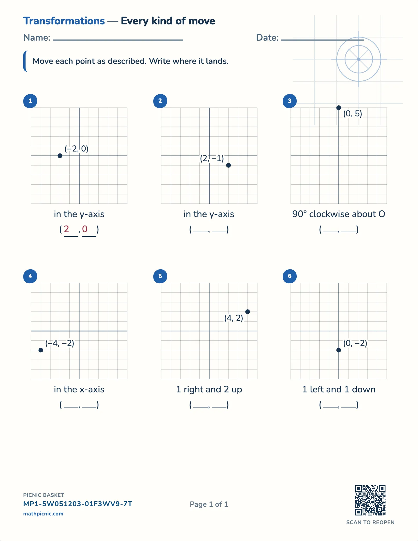 Transformations on a grid worksheet — Slide, flip and turn on a grid, free printable with answer key