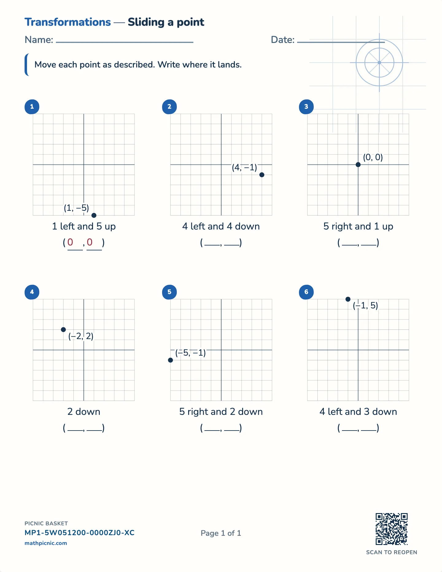 Translations worksheet — Slide on a grid, free printable with answer key