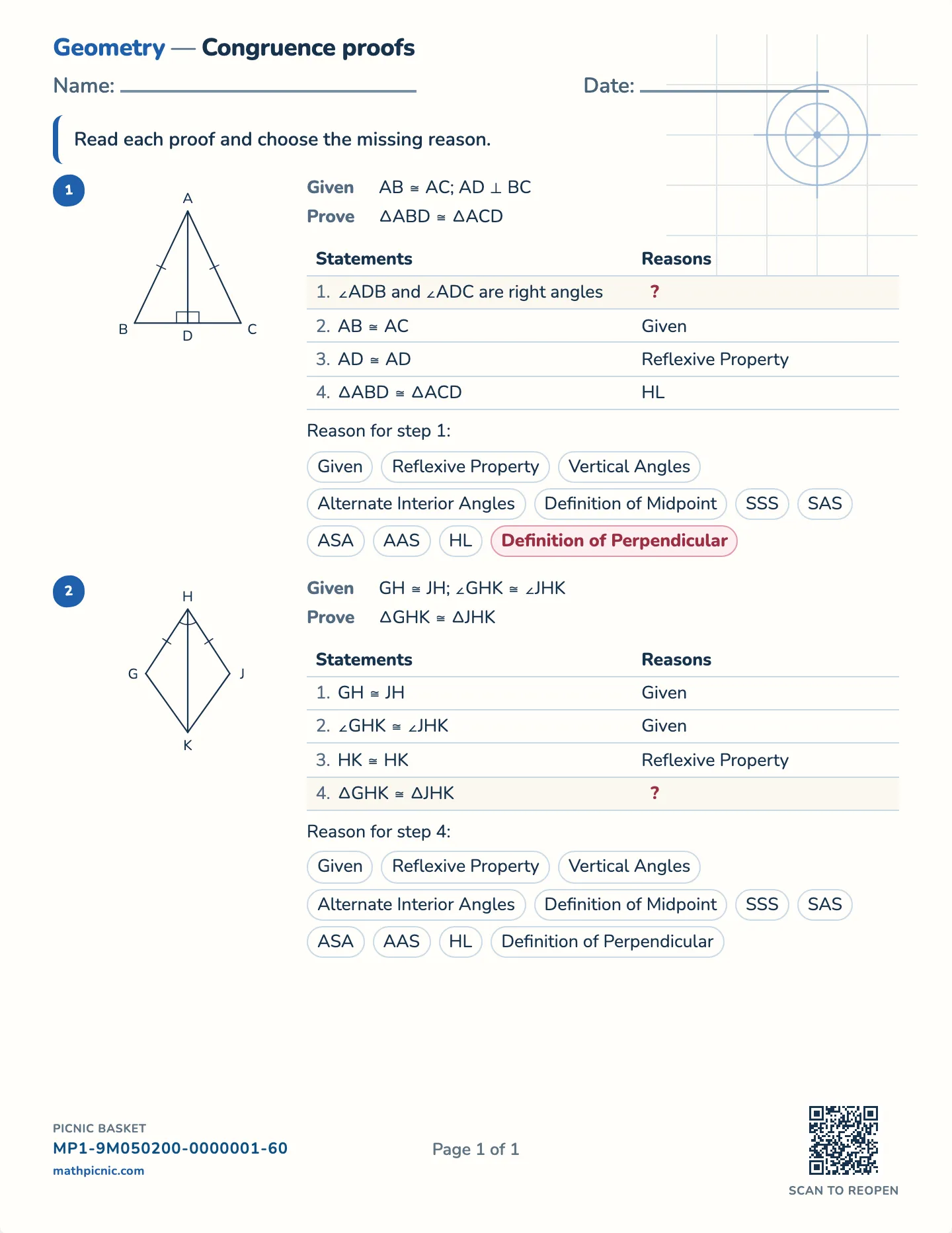Triangle congruence proofs worksheet — Two-column proofs, reason bank, free printable with answer key