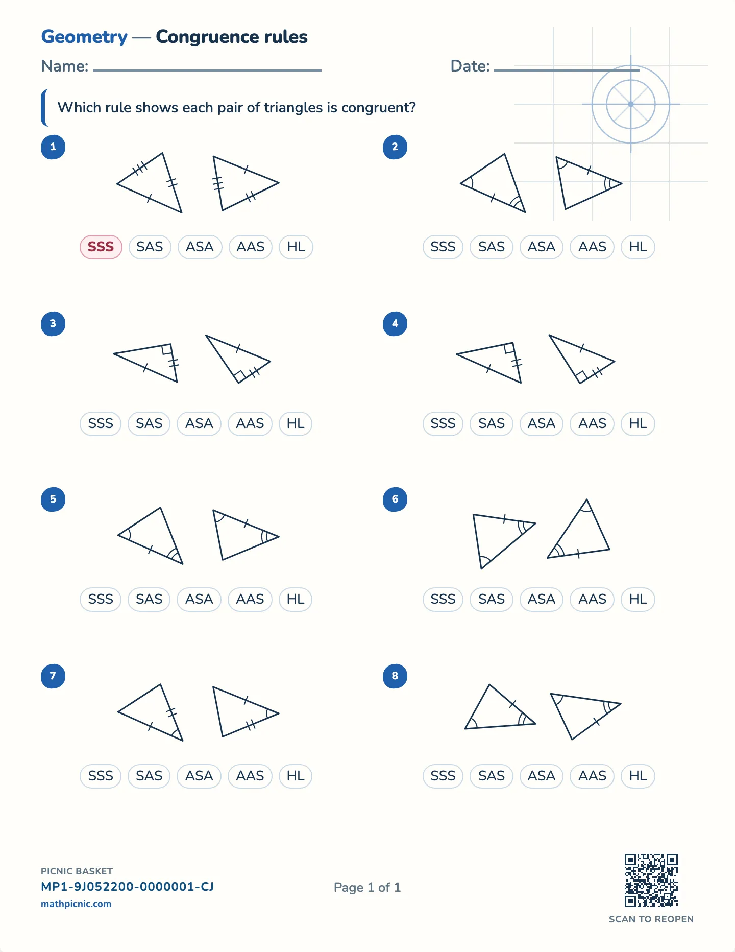 Triangle congruence rules worksheet — SSS, SAS, ASA, AAS, HL, free printable with answer key