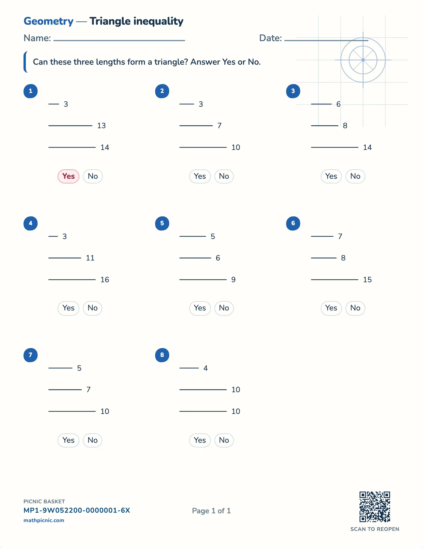 Triangle inequality worksheet — Three lengths, Yes or No, free printable with answer key