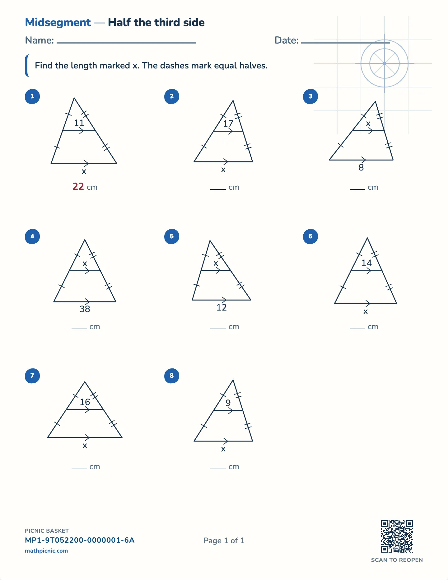 Midsegment of a triangle worksheet — Halve or double, whole numbers, free printable with answer key