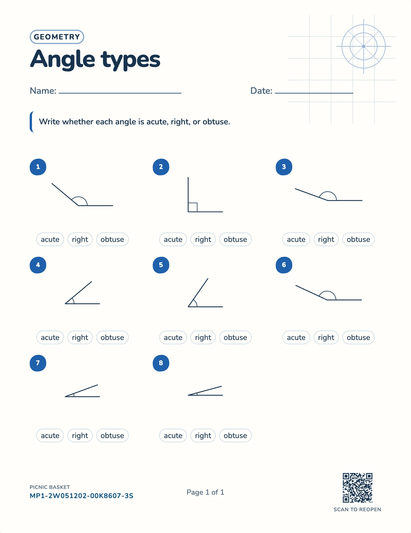 Types of angles worksheet — Acute, right, obtuse, free printable with answer key
