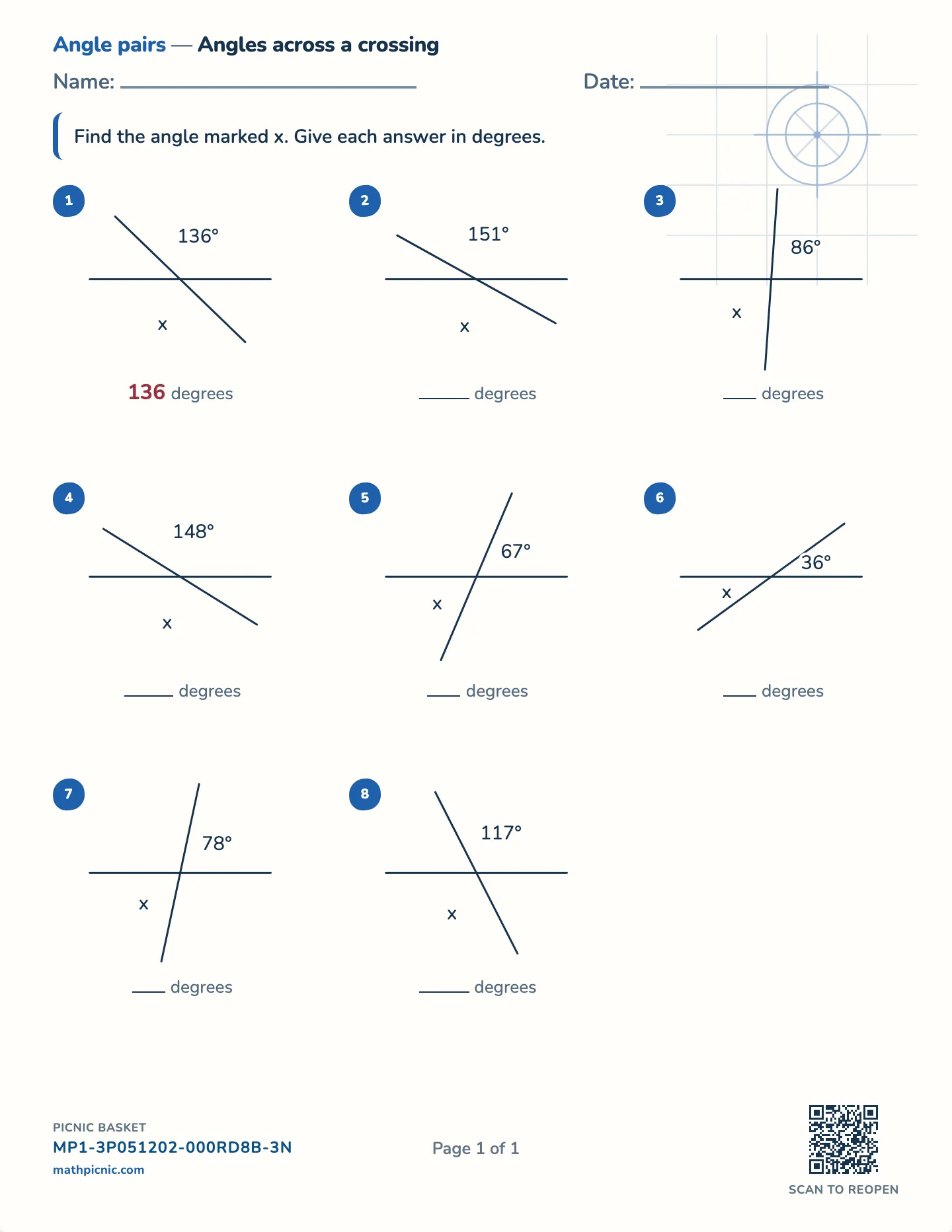 Vertical angles worksheet — Two crossing lines, free printable with answer key