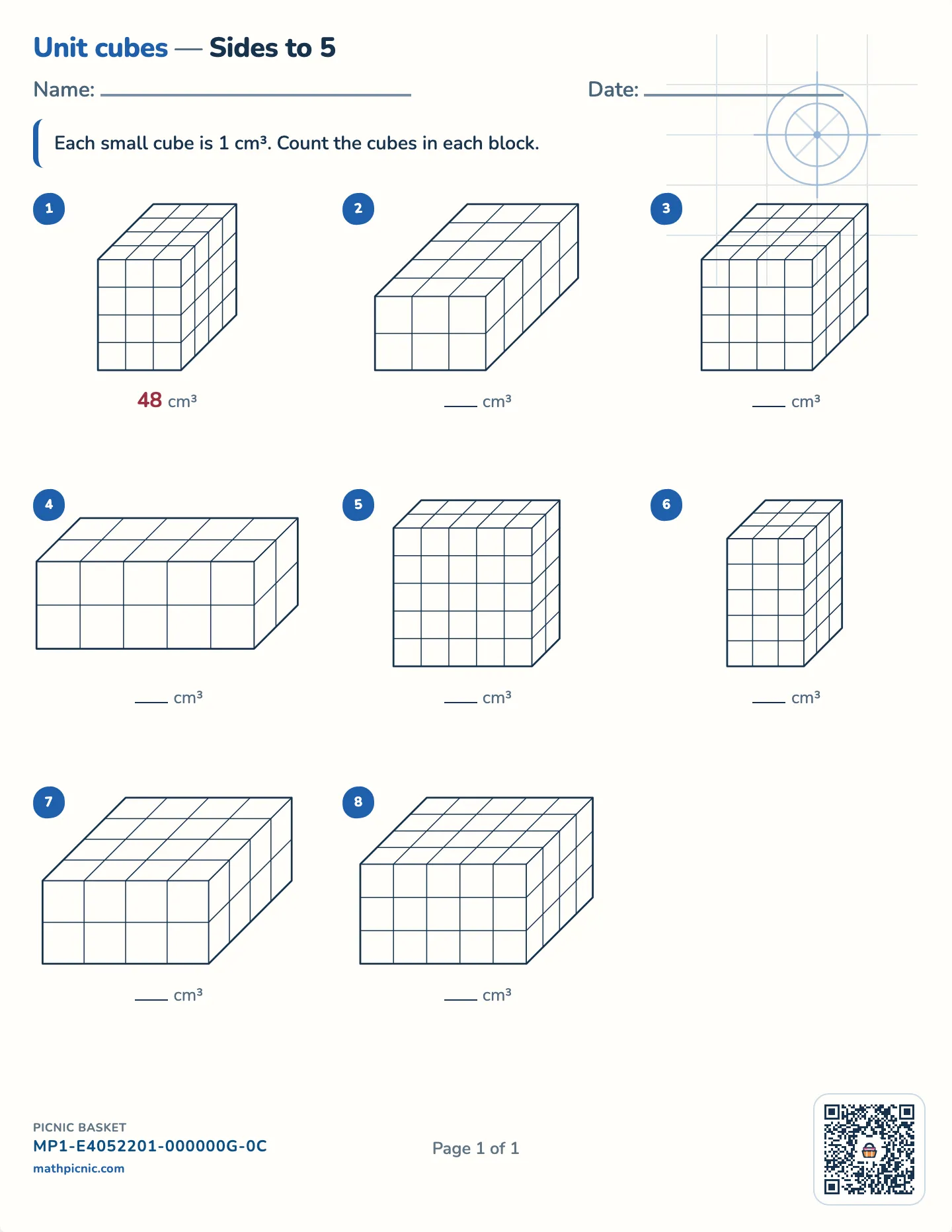 Volume by counting unit cubes worksheet — Blocks of 8 to 72 cubes, free printable with answer key
