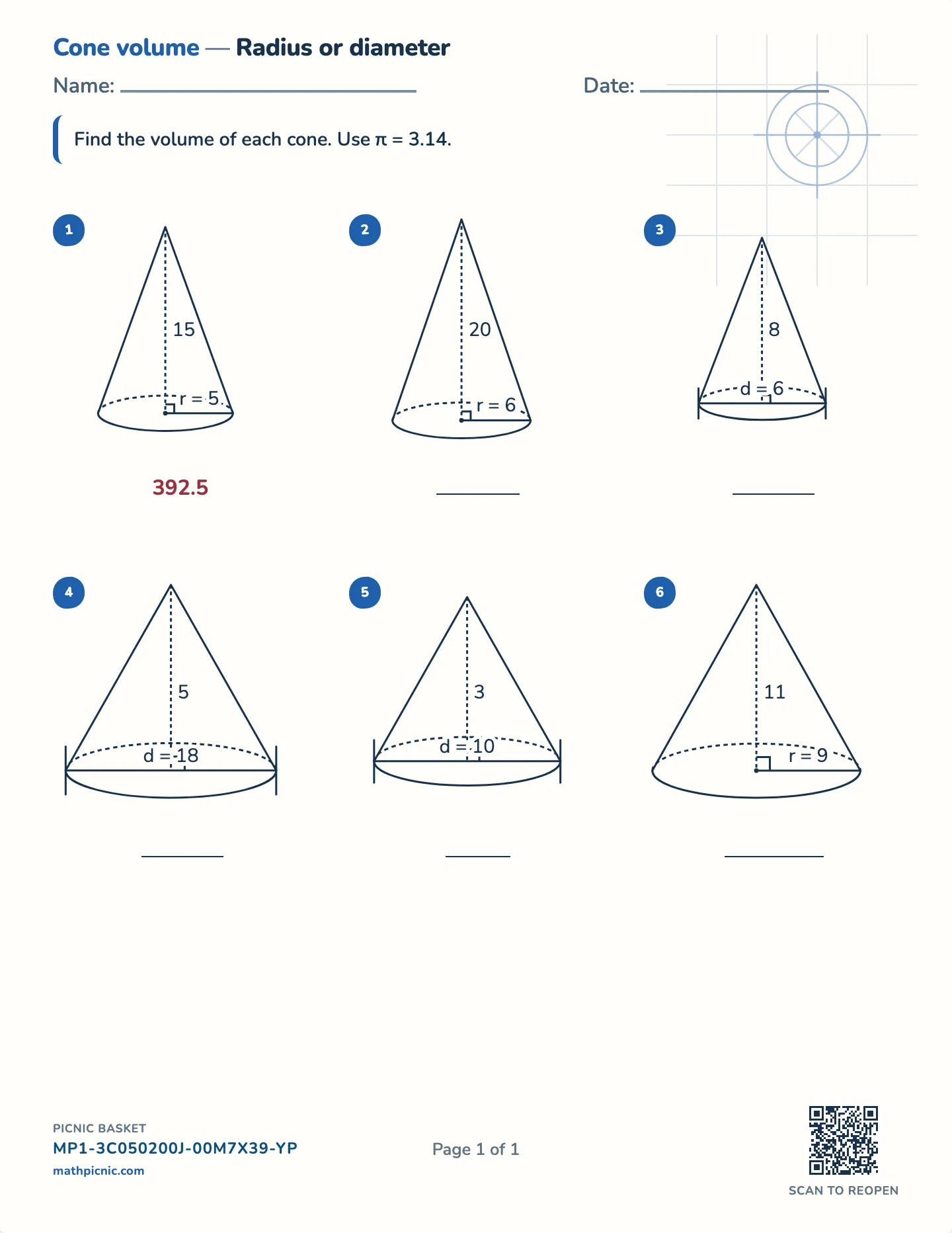 Volume of a cone worksheet — Radius or diameter, π = 3.14, free printable with answer key