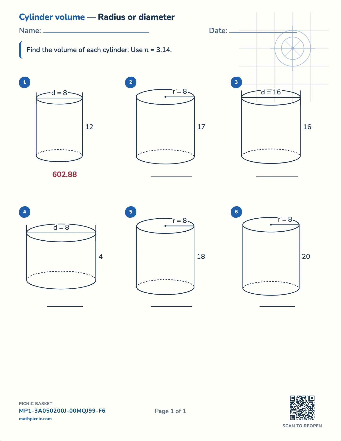 Volume of a cylinder worksheet — Radius or diameter, π = 3.14, free printable with answer key