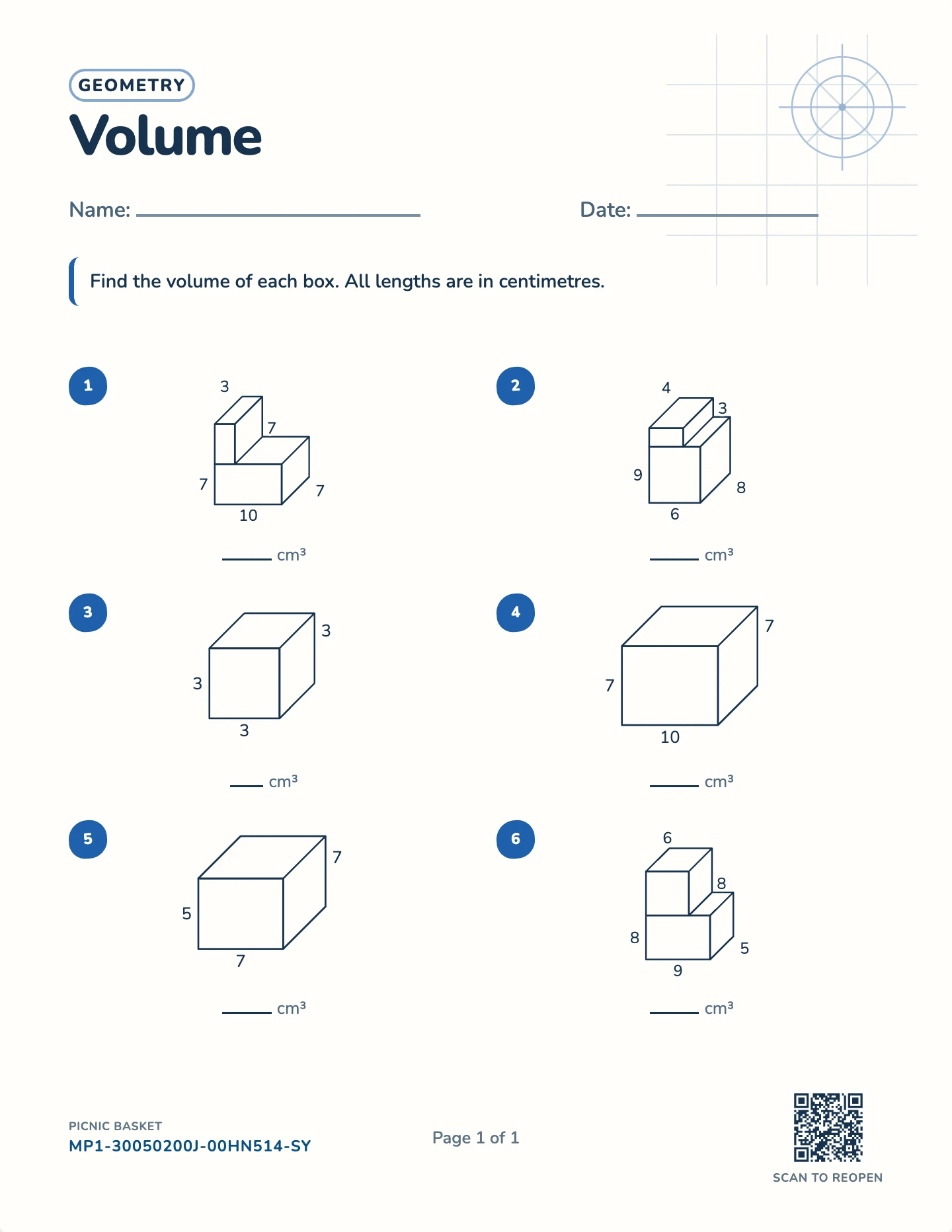 Volume of a rectangular prism worksheet — Edges to 20 cm, free printable with answer key