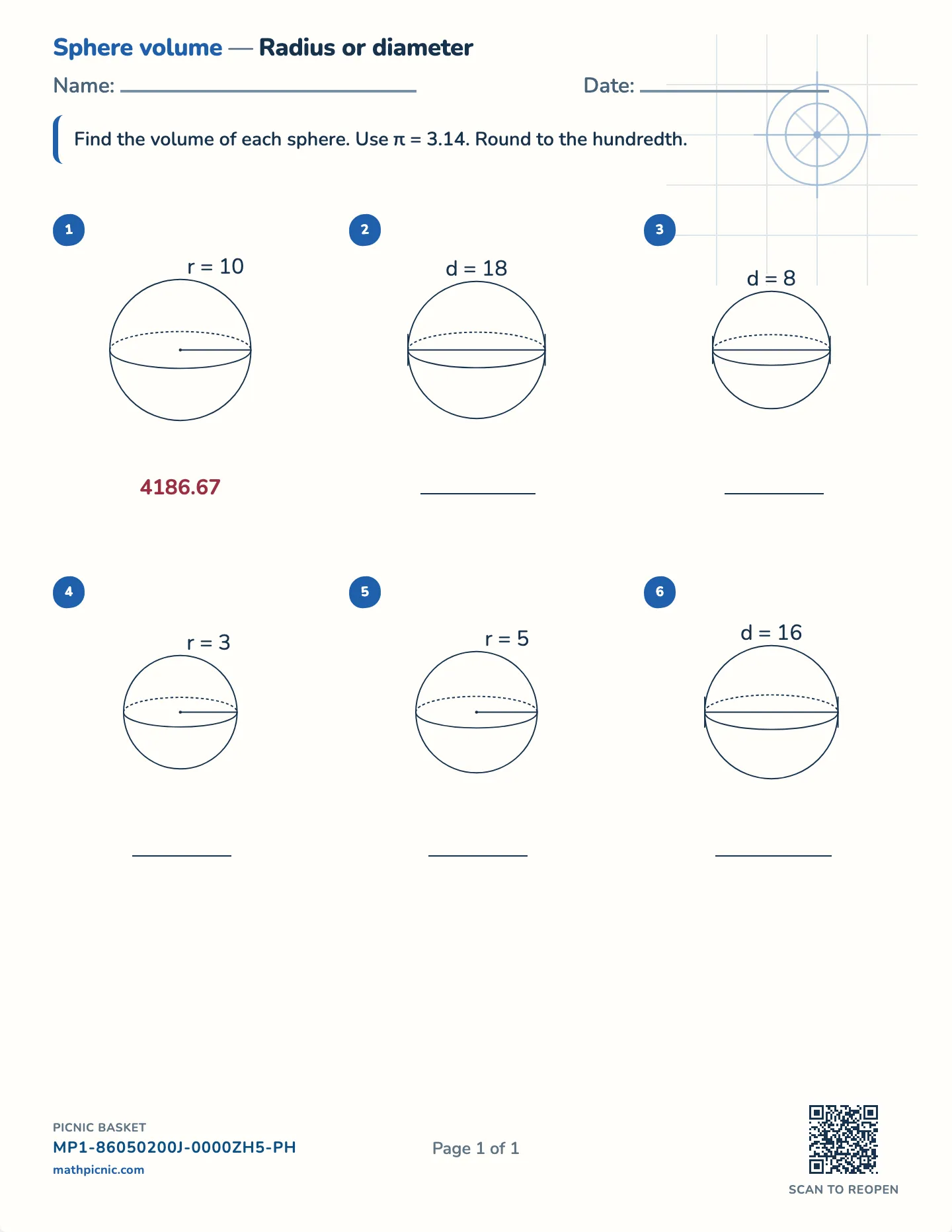 Volume of a sphere worksheet — Radius or diameter, π = 3.14, free printable with answer key