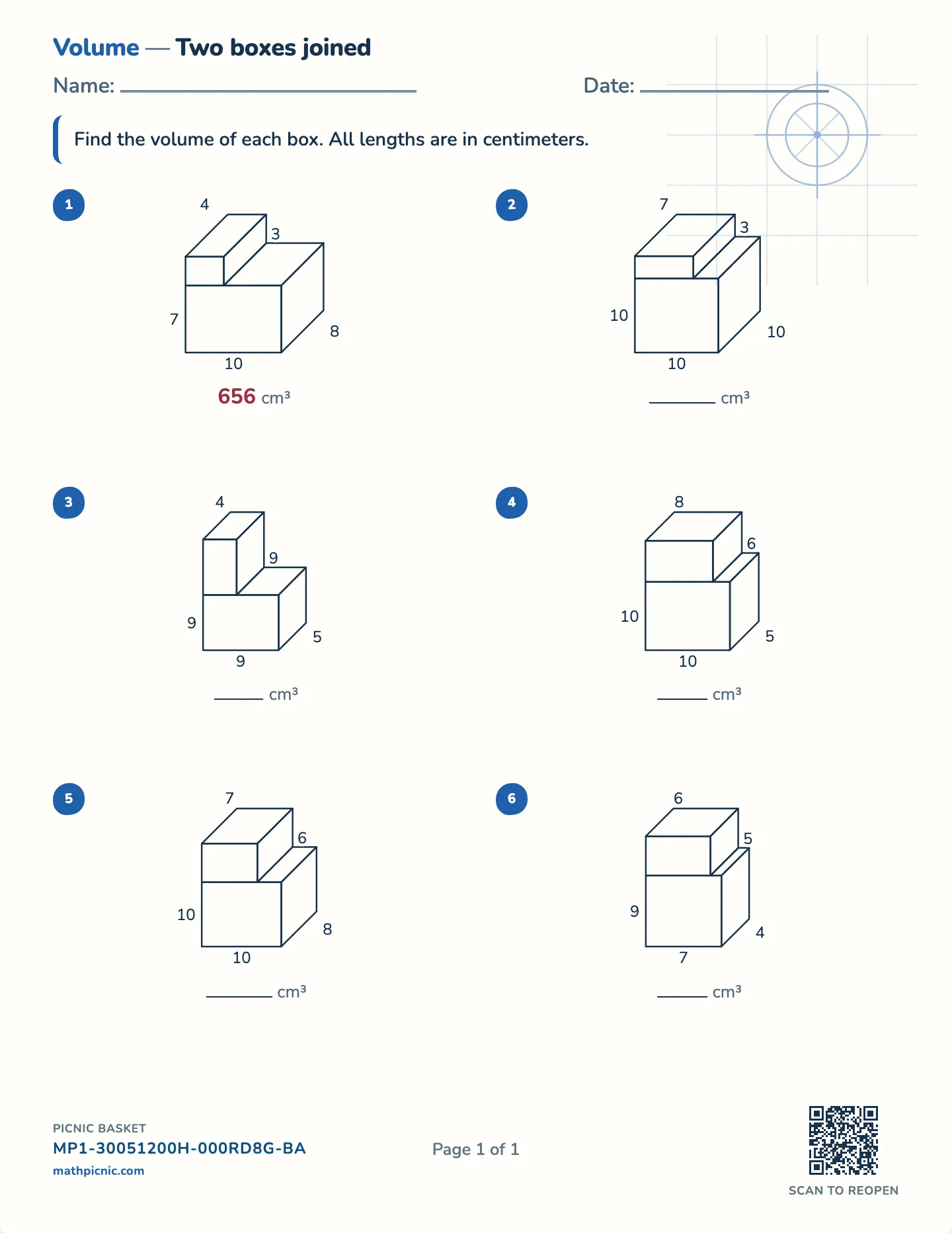 Volume of composite solids worksheet — Two prisms, edges to 10 cm, free printable with answer key