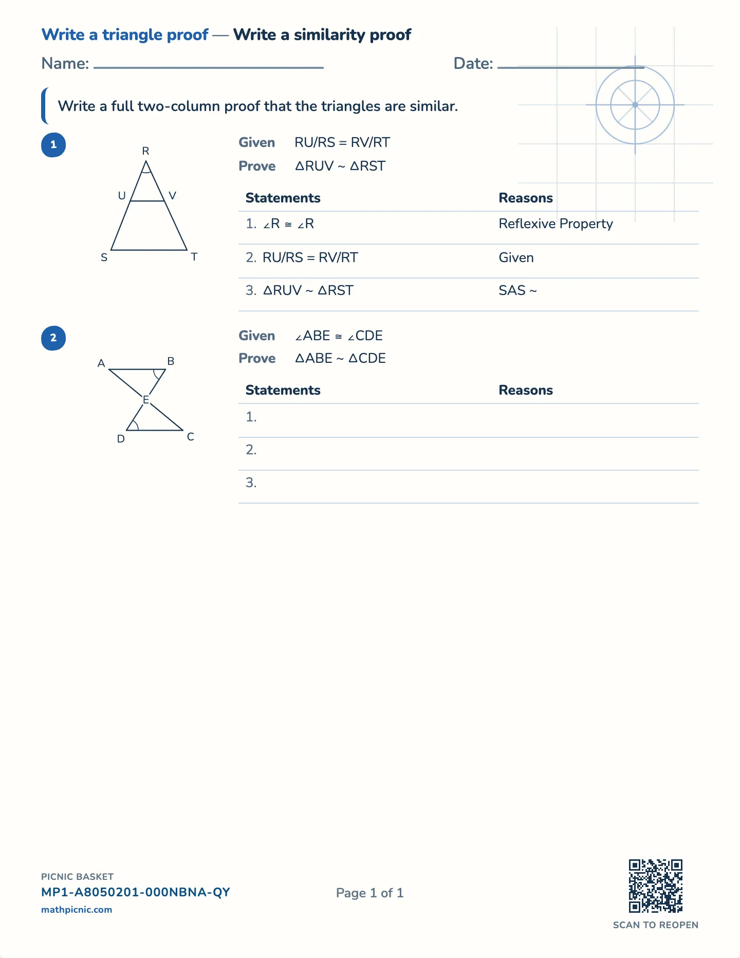 Write a similarity proof worksheet — Blank two-column similarity proof to write, free printable with answer key