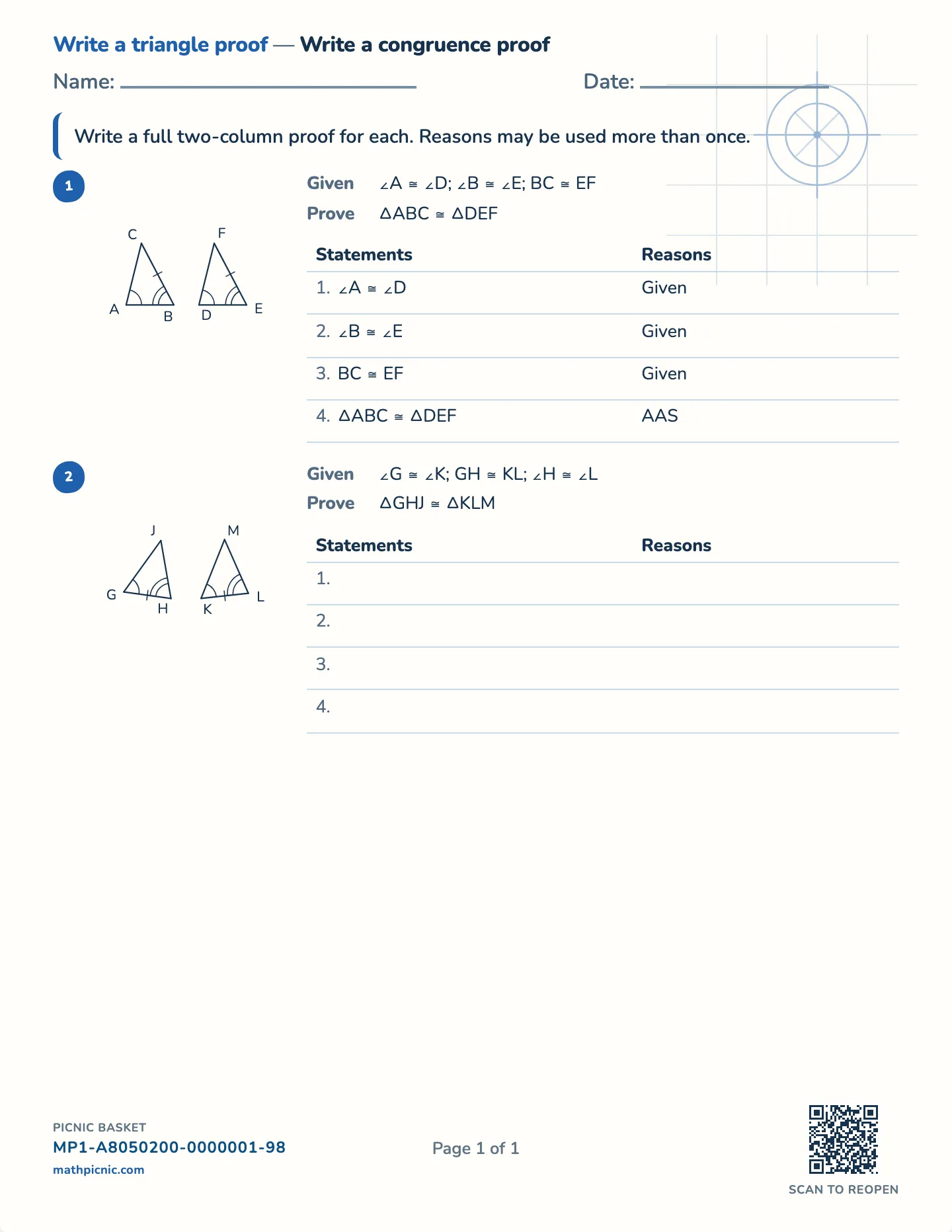 Write a triangle proof worksheet — Blank two-column proof to write, free printable with answer key