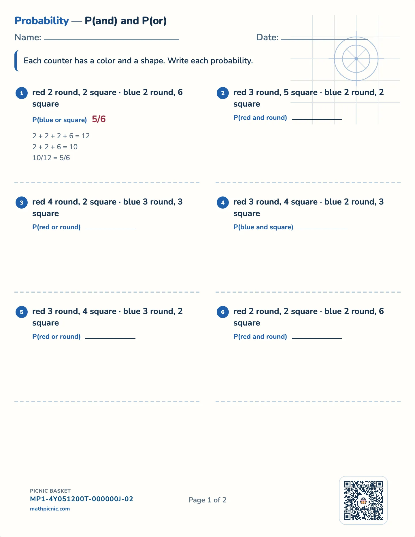 And / or probability worksheet — Two attributes, exact fractions, free printable with answer key
