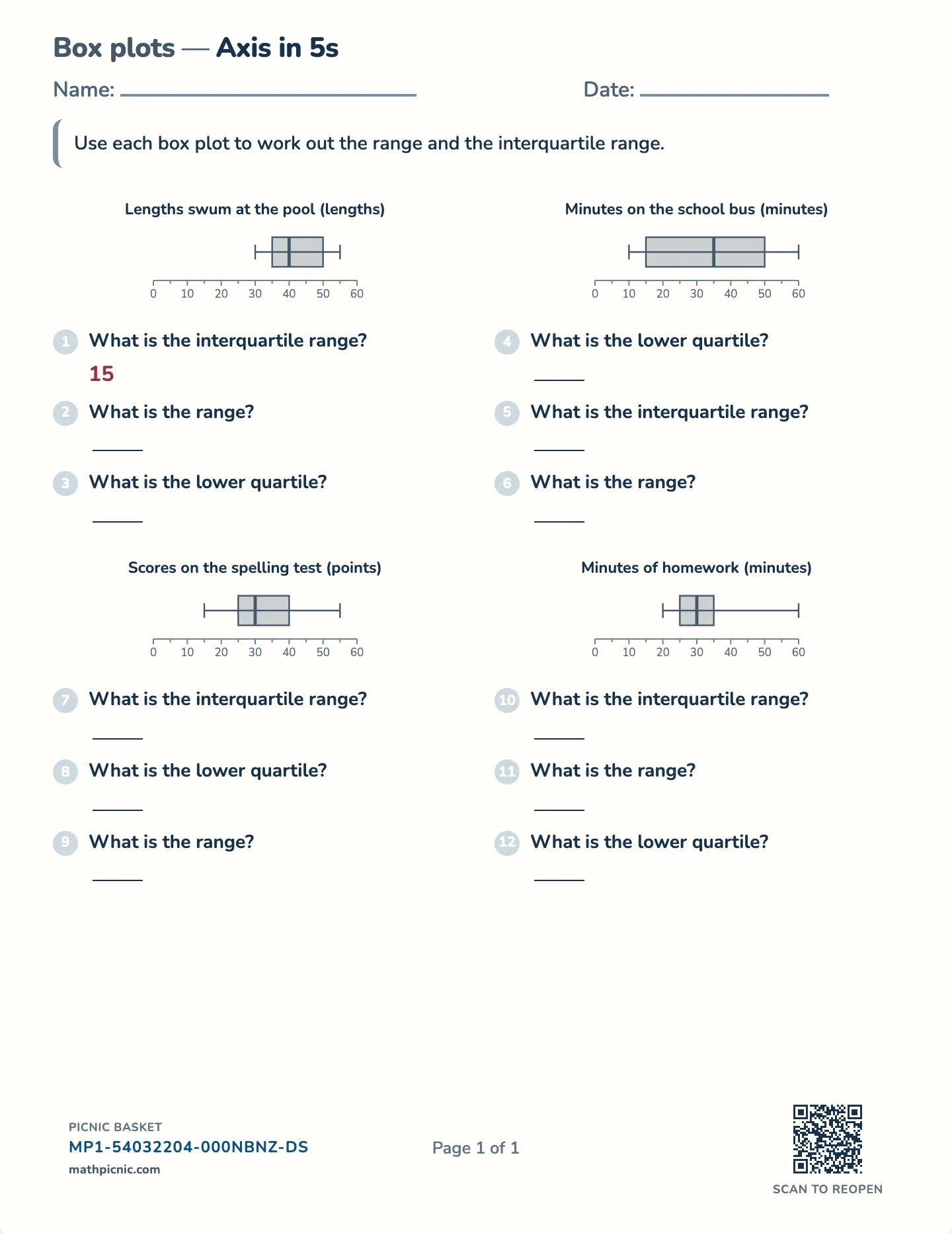 Box plot range and IQR worksheet — Range and IQR from the diagram, free printable with answer key