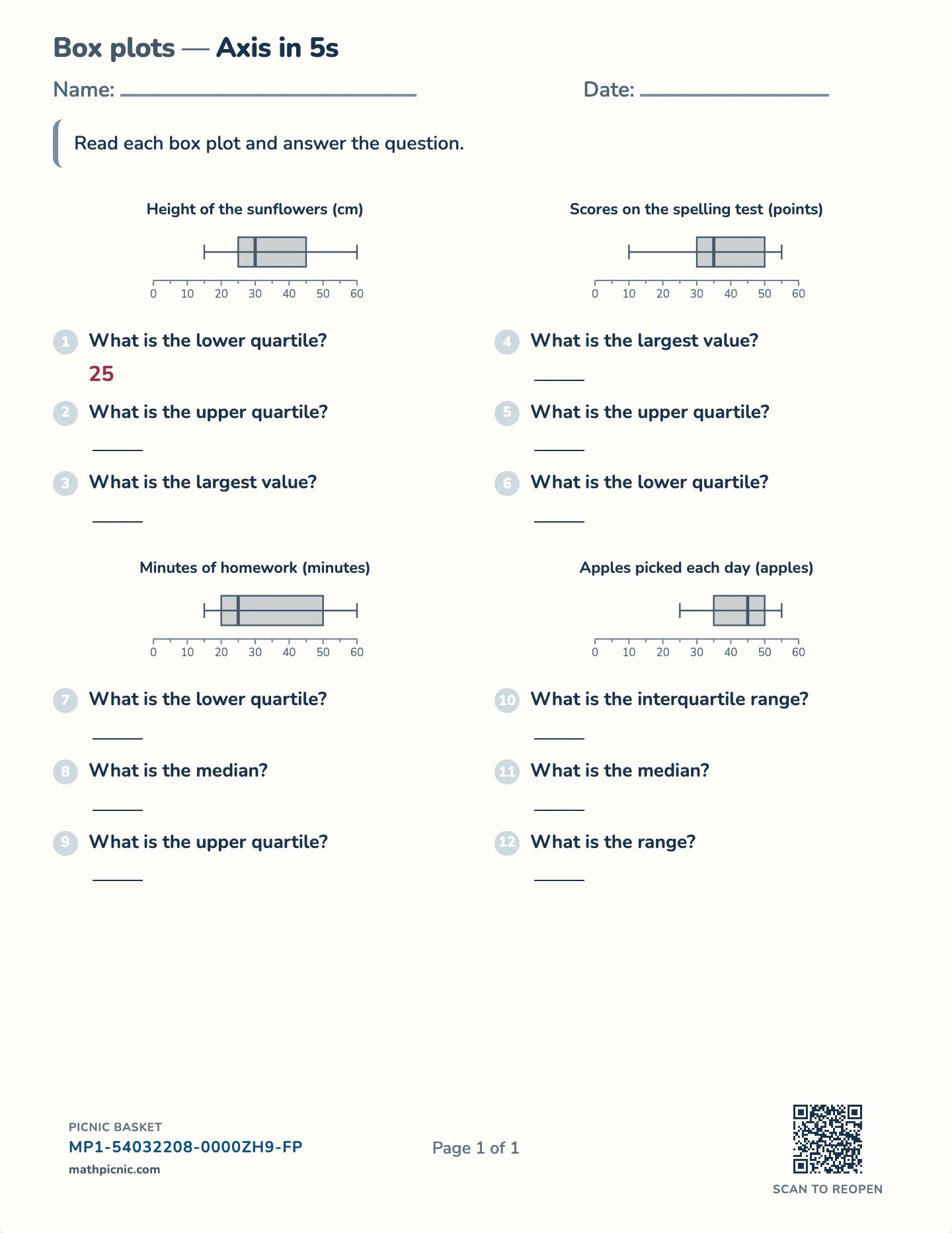 Box plots worksheet — Five-number summary, free printable with answer key