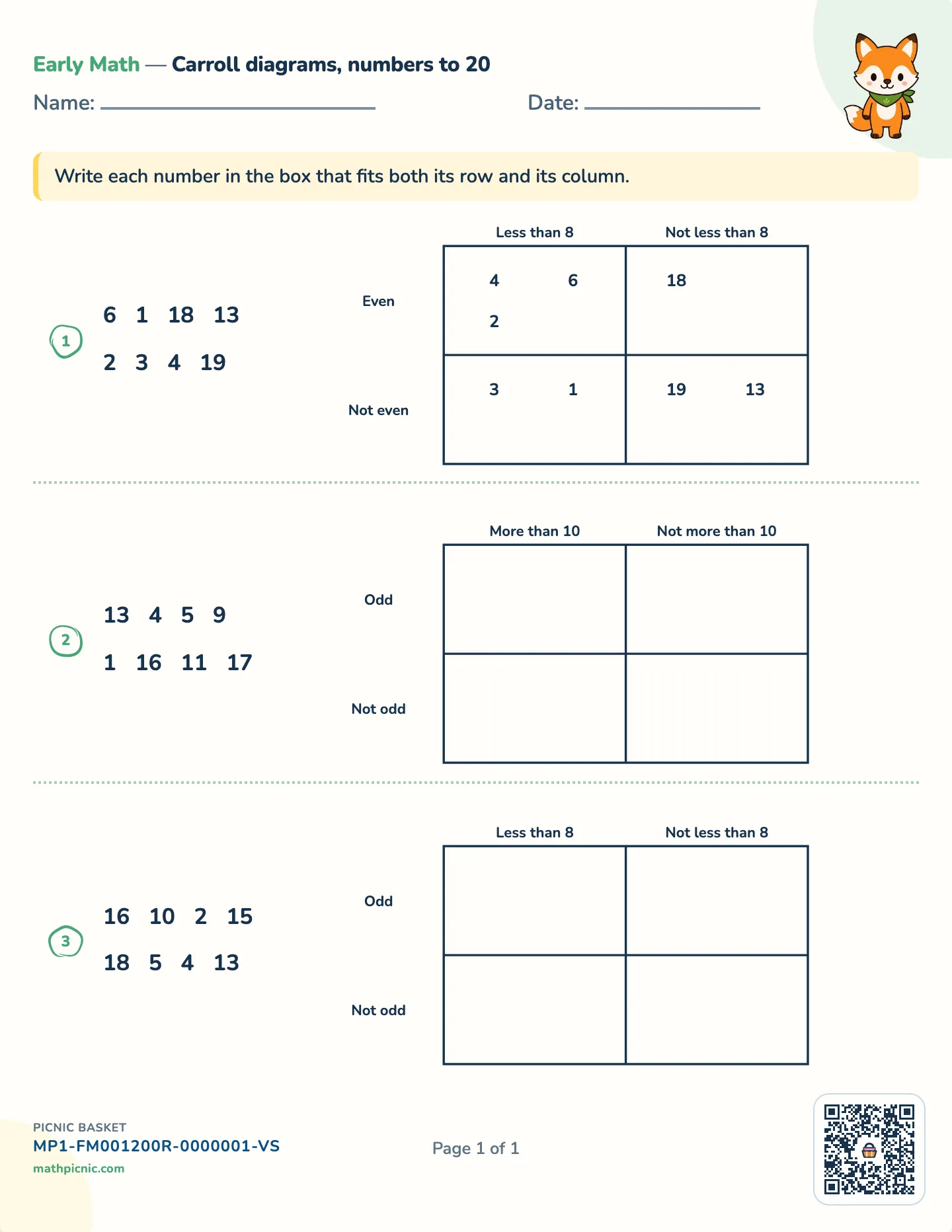 Carroll diagrams worksheet — Eight numbers to 20, free printable with answer key