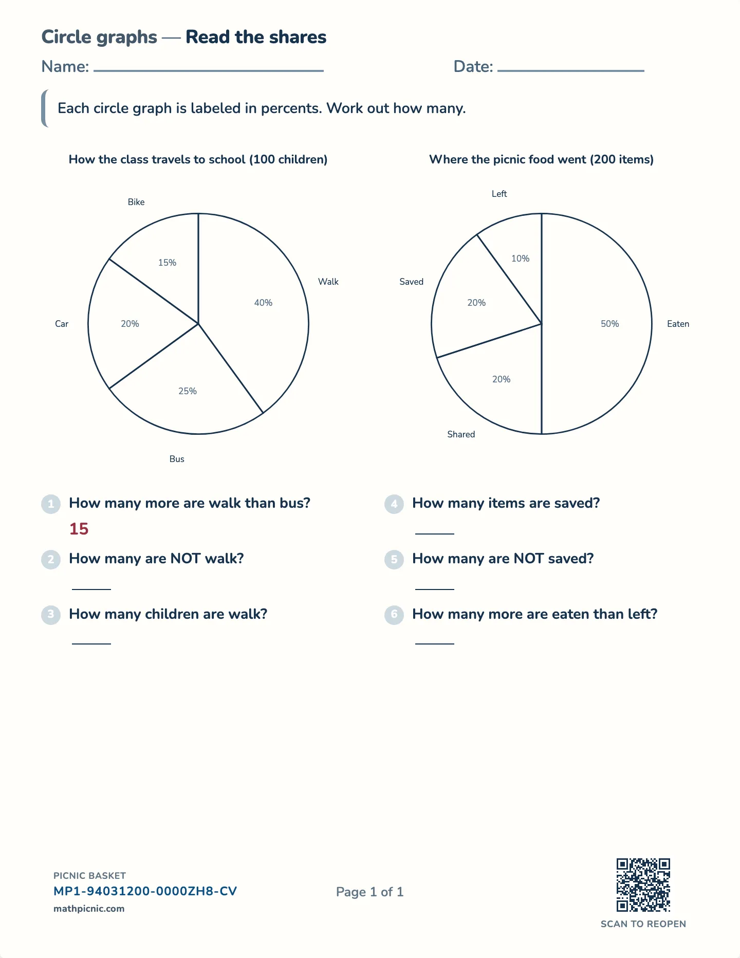 Circle graphs worksheet — Whole percents, totals to 200, free printable with answer key