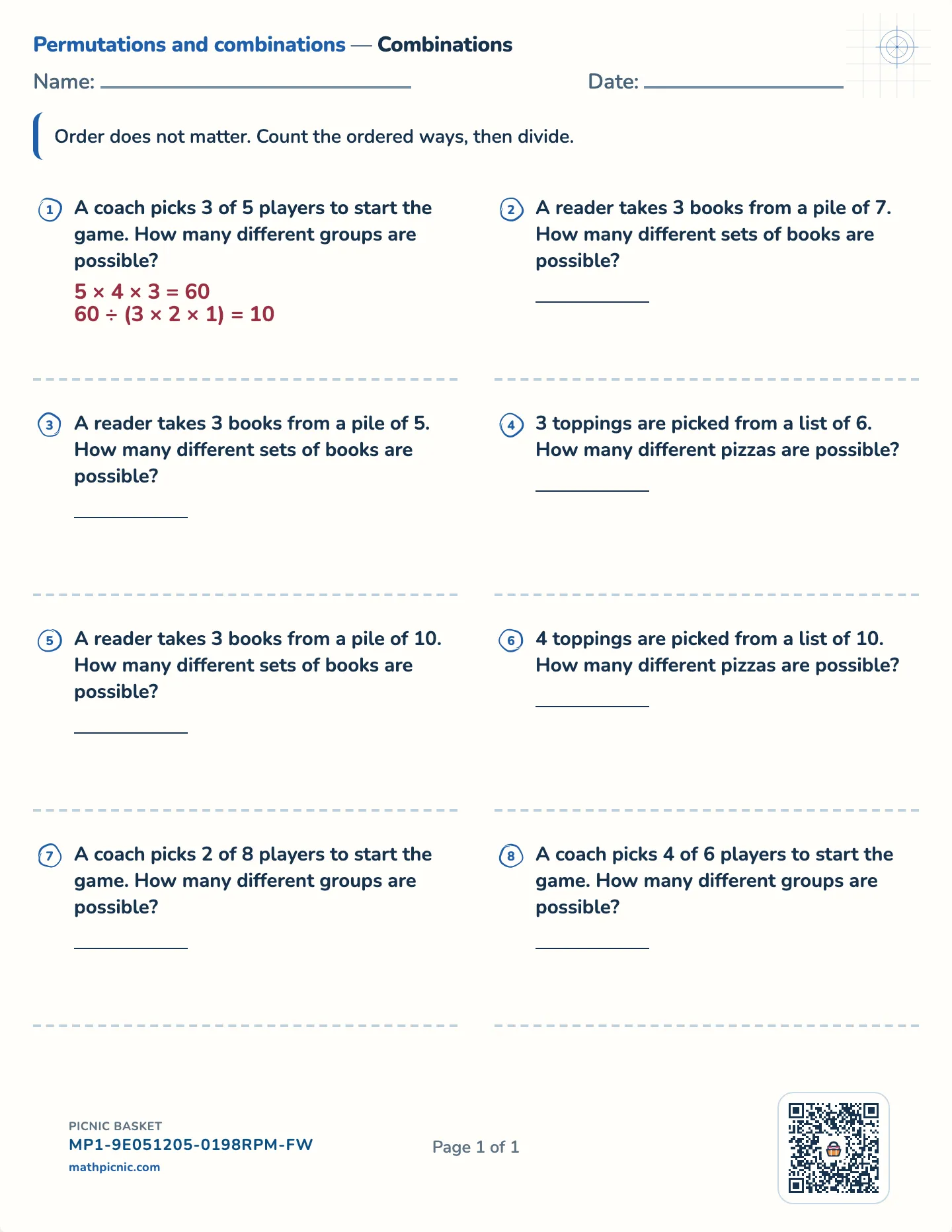 Combinations worksheet — Order does not matter, free printable with answer key