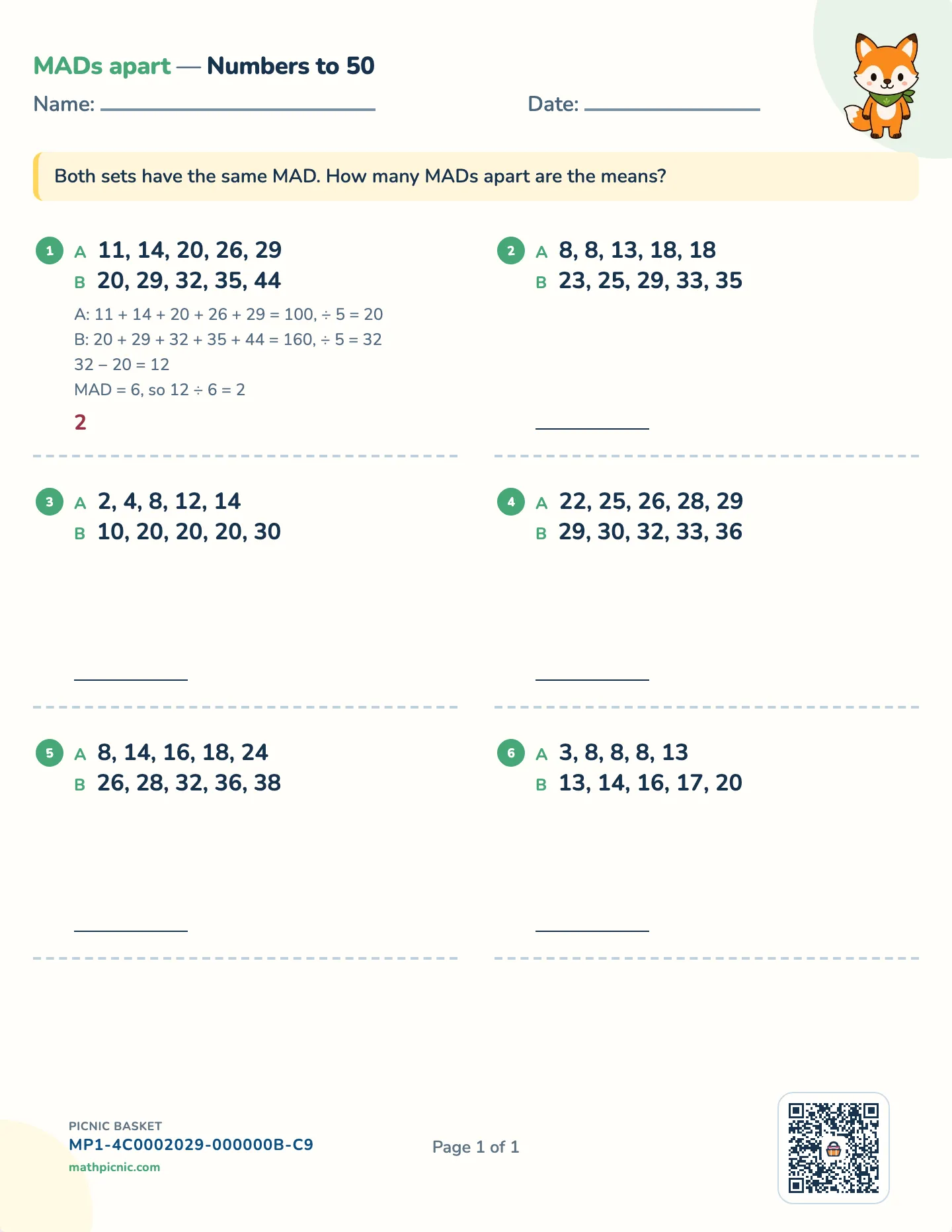 Comparing two data sets worksheet — Two sets of five, one shared MAD, free printable with answer key
