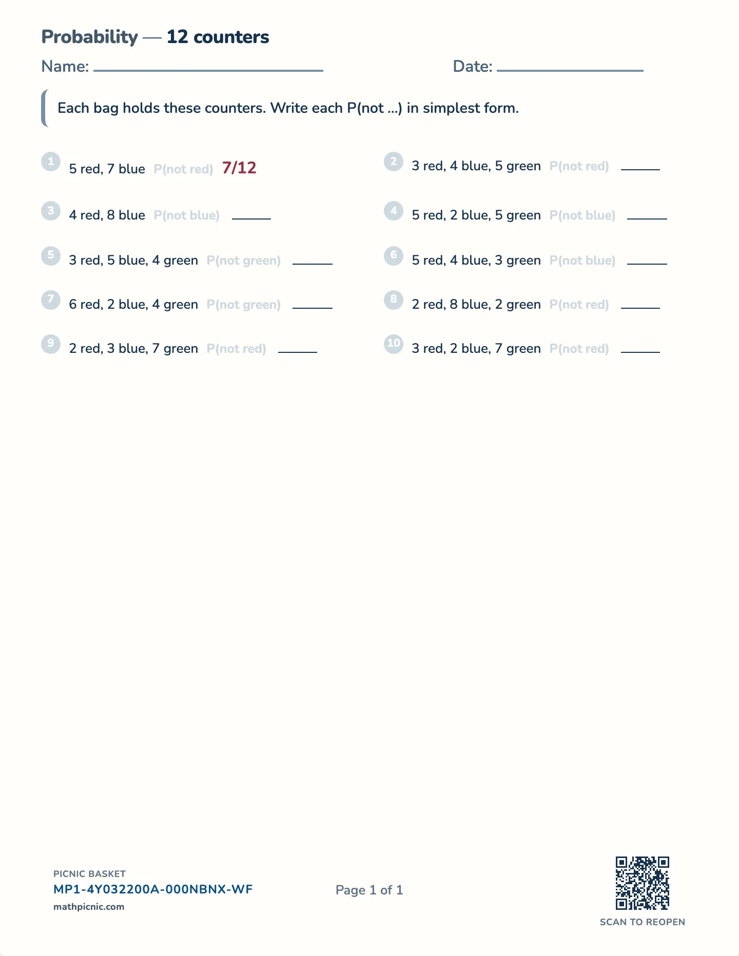 Complementary events worksheet — P(not) = 1 − P, free printable with answer key