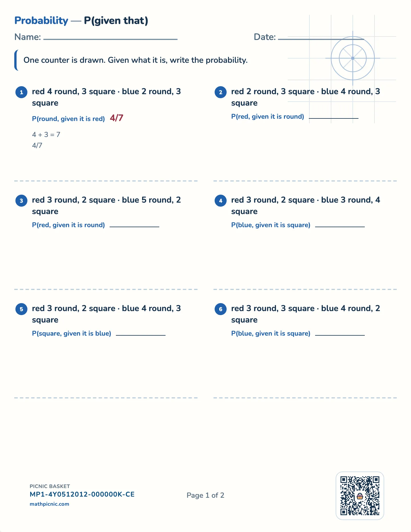 Conditional probability worksheet — Two attributes, exact fractions, free printable with answer key