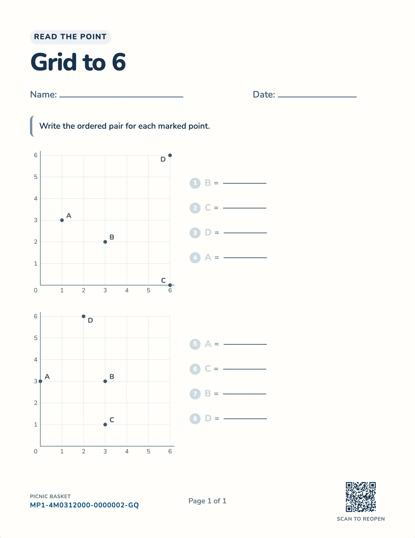 Points on a coordinate grid worksheet — First quadrant, grids to 6, 8, or 10, free printable with answer key