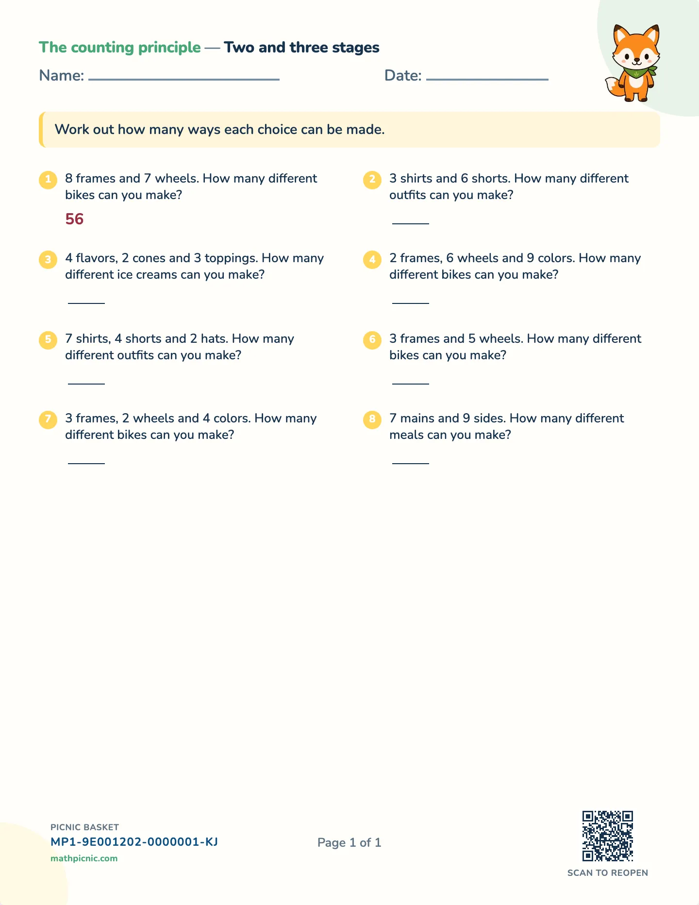 The counting principle worksheet — Two or three stages, free printable with answer key