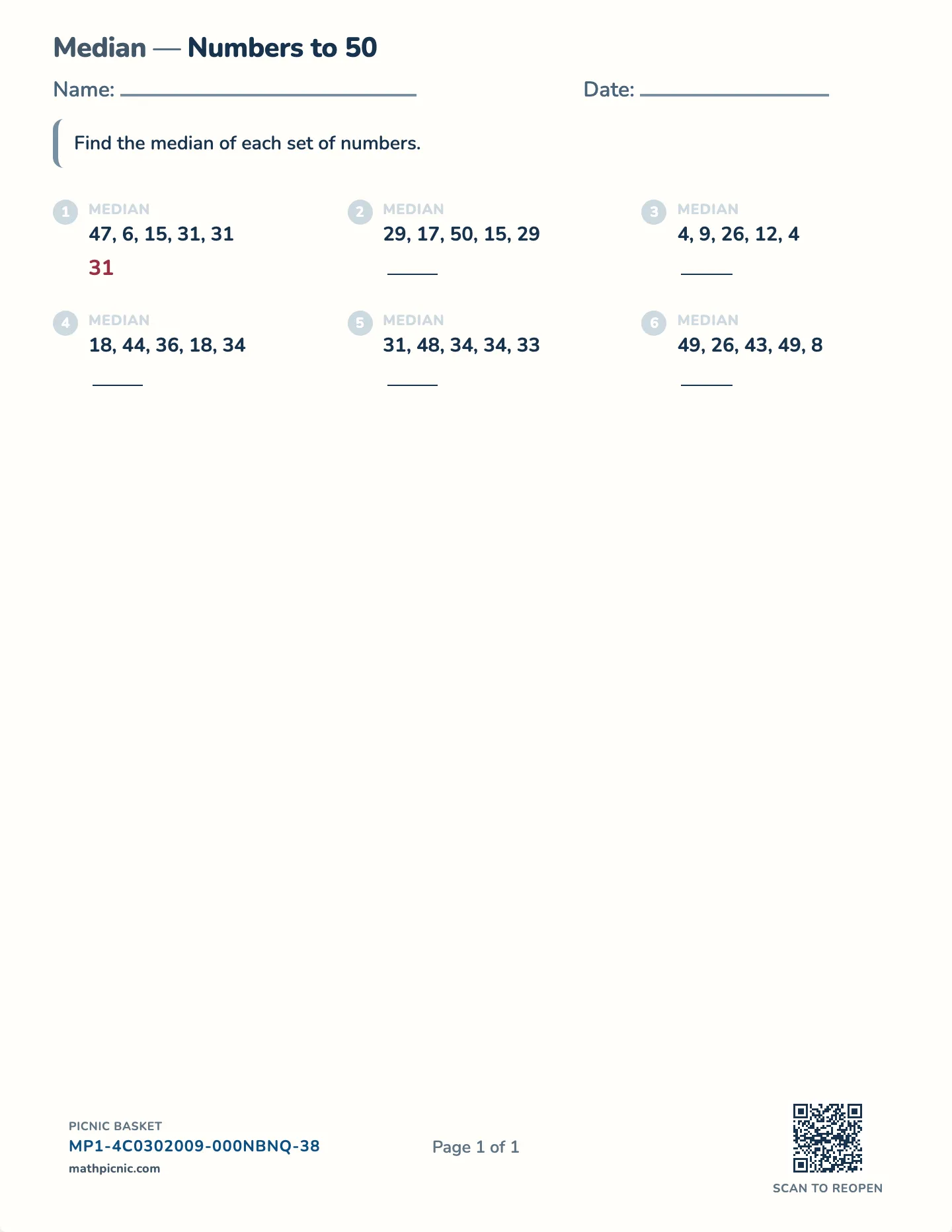 Finding the median worksheet — Ordered set, middle value, free printable with answer key