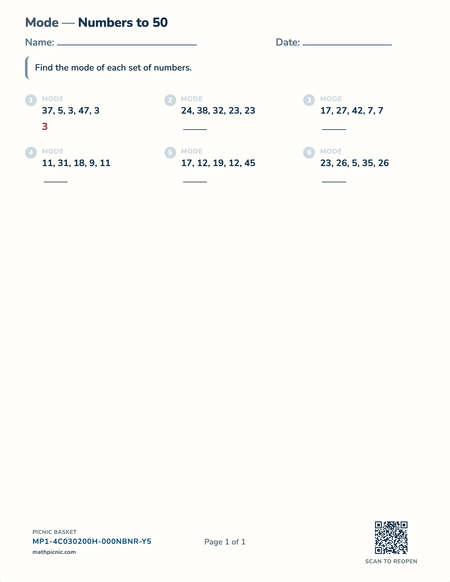 Finding the mode worksheet — One repeated value, free printable with answer key