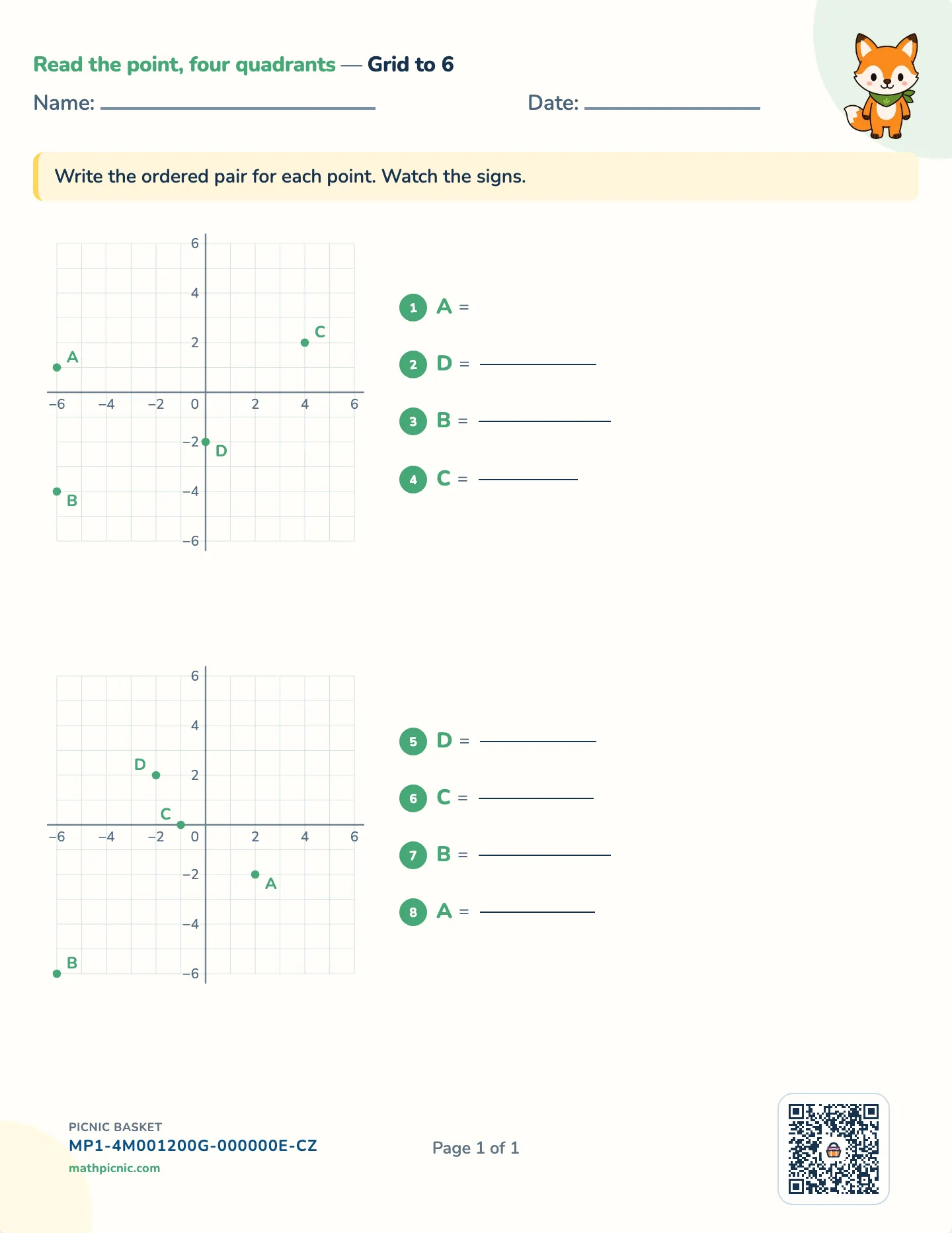 Four-quadrant coordinates worksheet — All four quadrants, grids to 6, 8 or 10, free printable with answer key