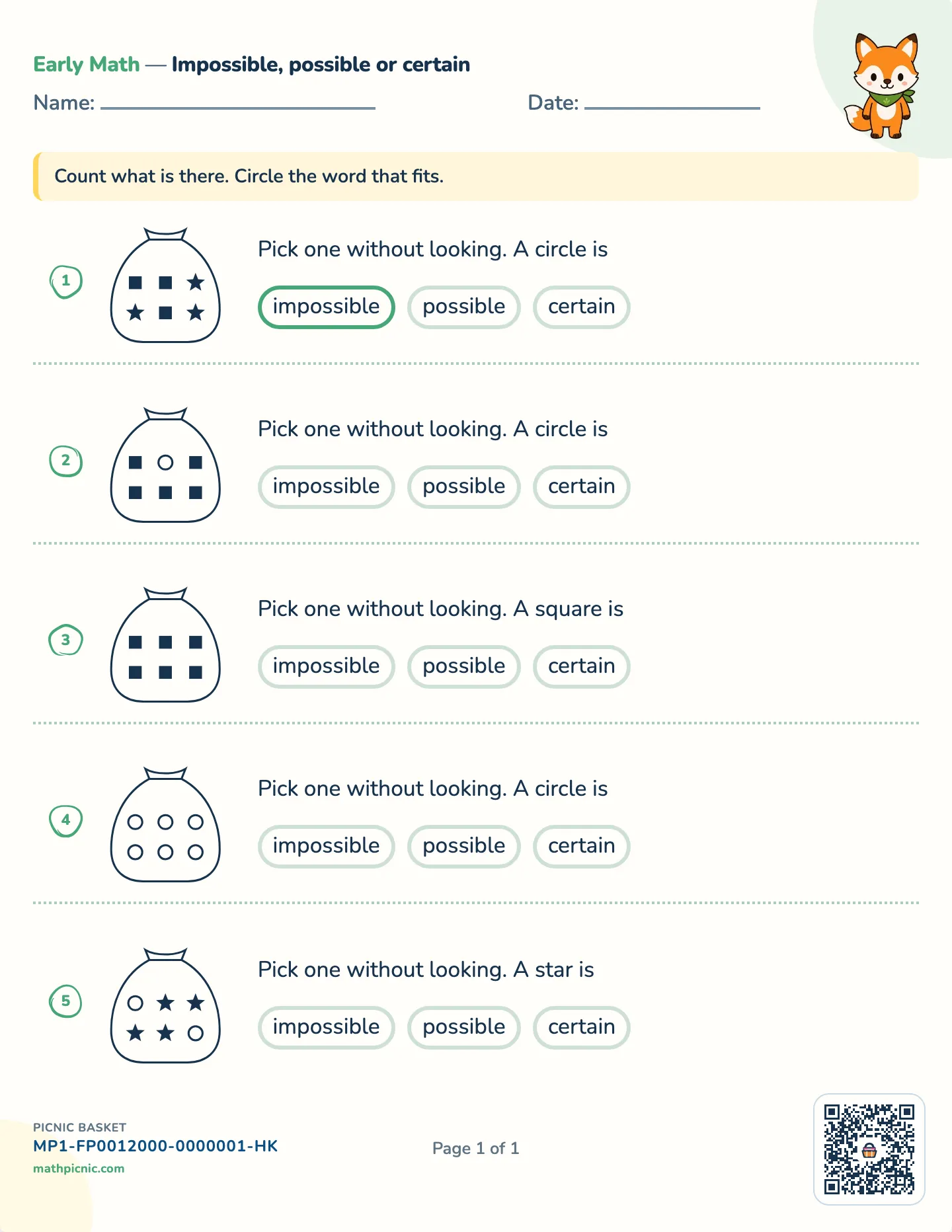 Impossible, possible or certain worksheet — Bags of 4 to 6 shapes, free printable with answer key