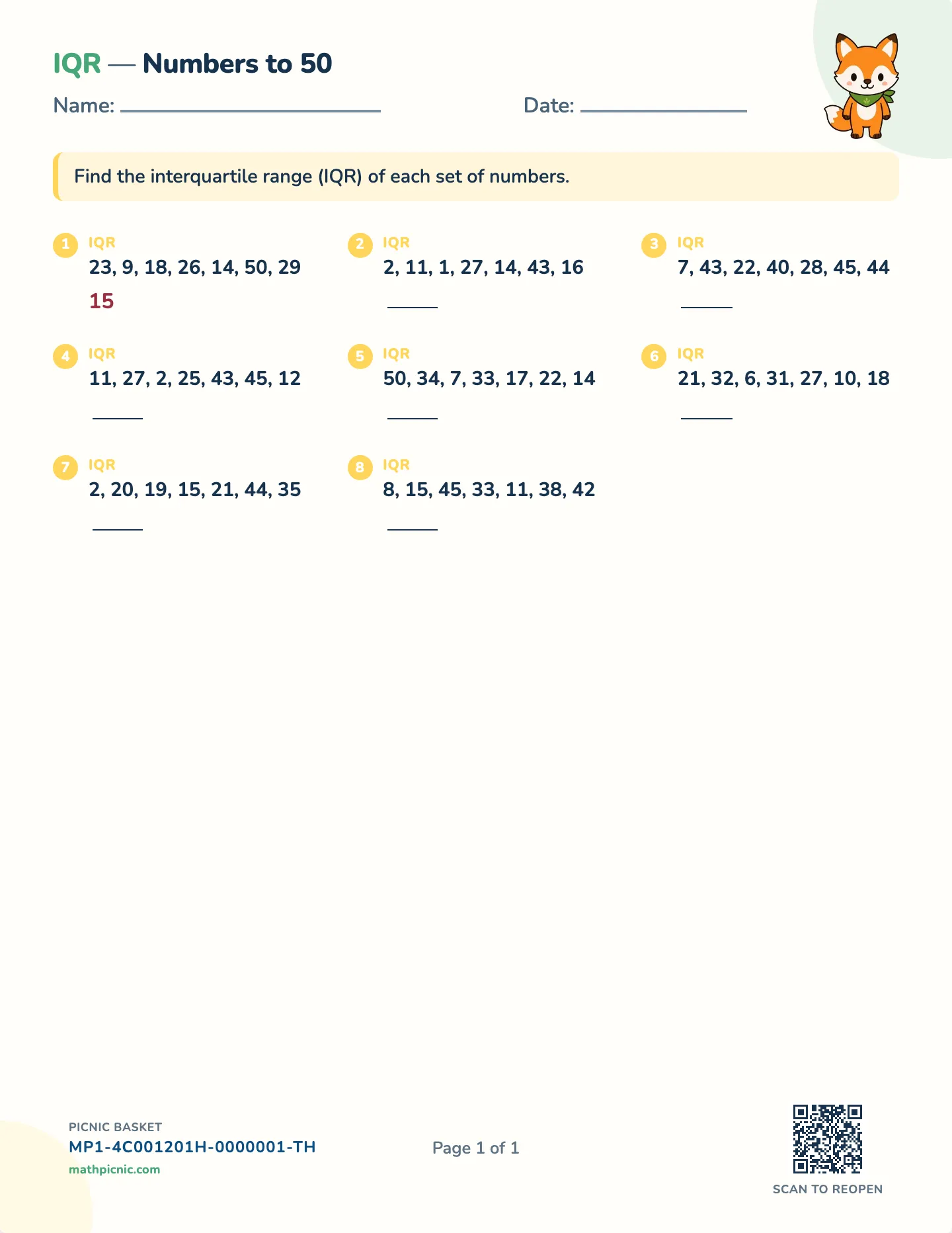 Interquartile range worksheet — Seven numbers, whole-number quartiles, free printable with answer key